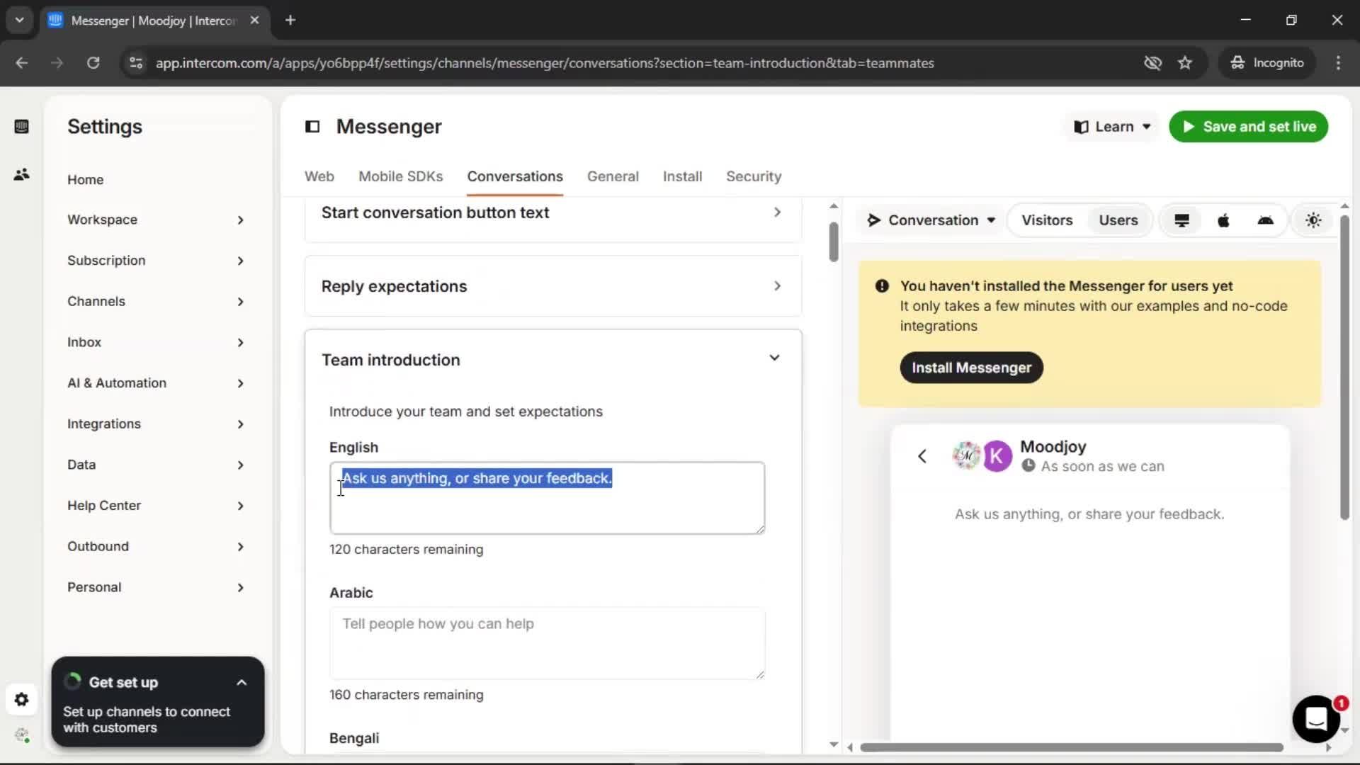 Messenger settings screenshot