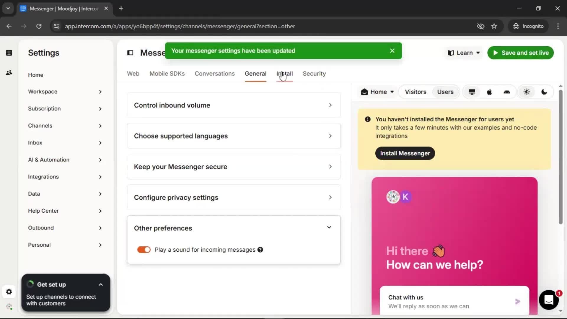 Messenger settings screenshot