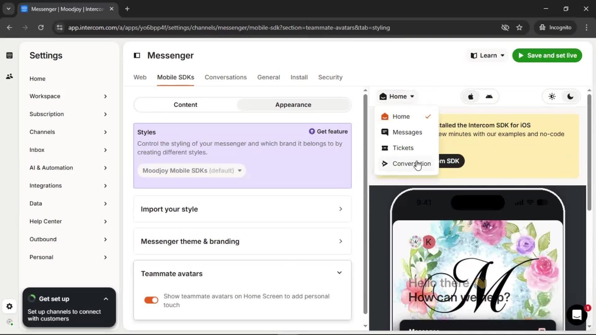 Messenger settings screenshot
