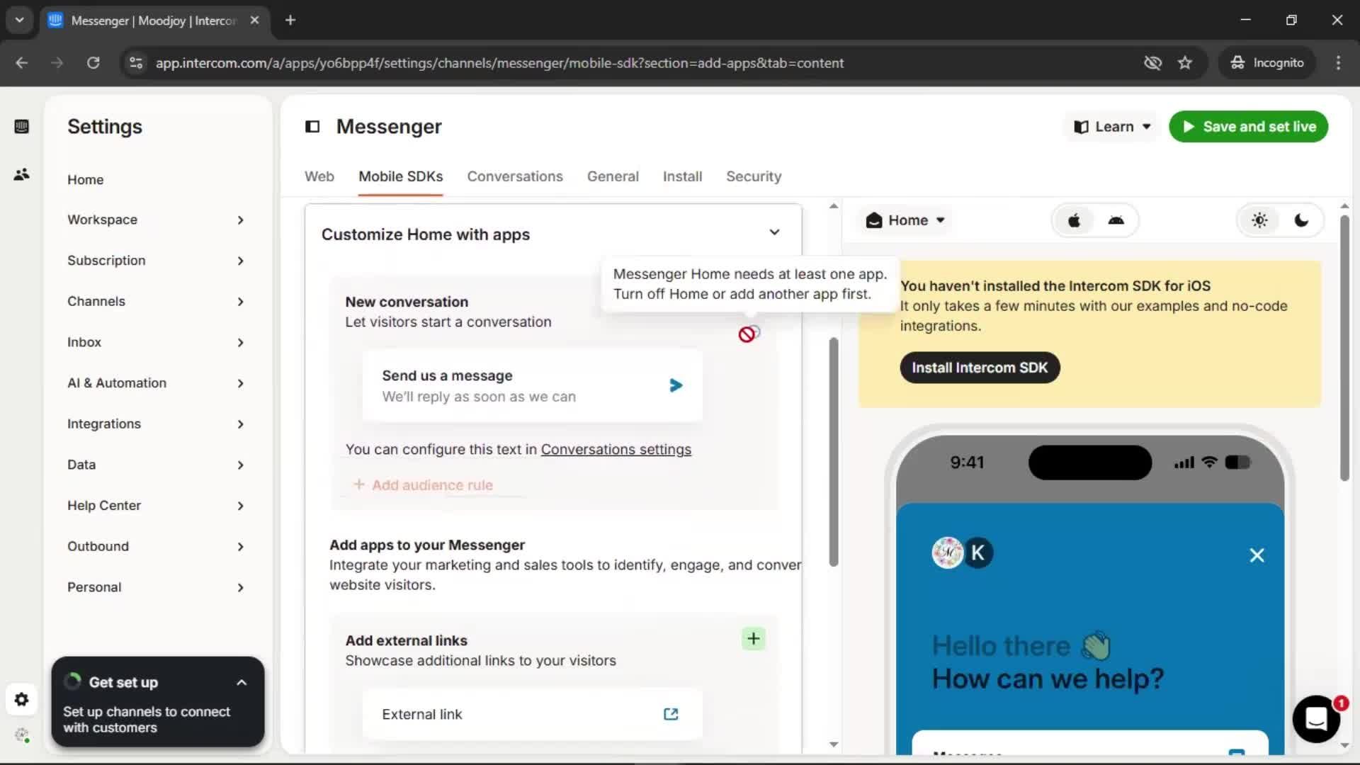 Messenger settings screenshot