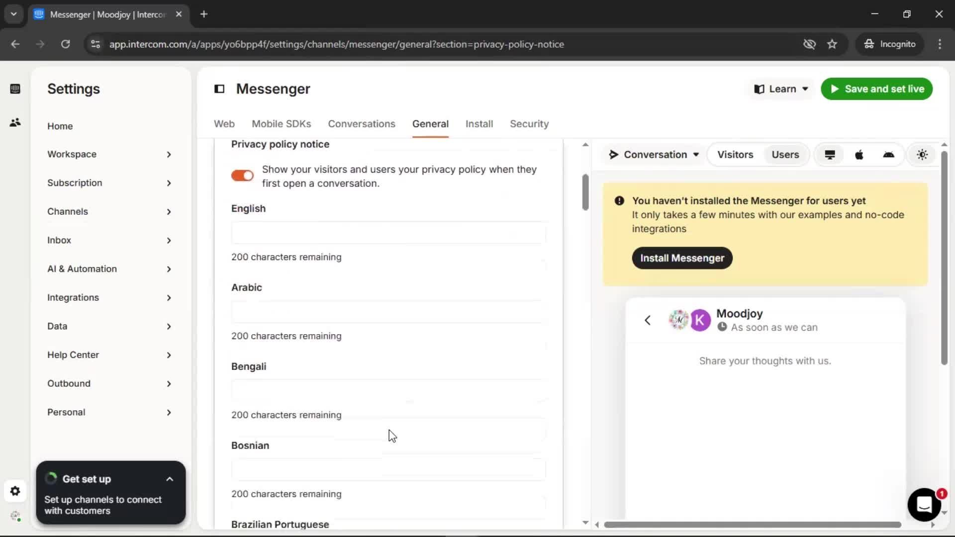 Messenger settings screenshot