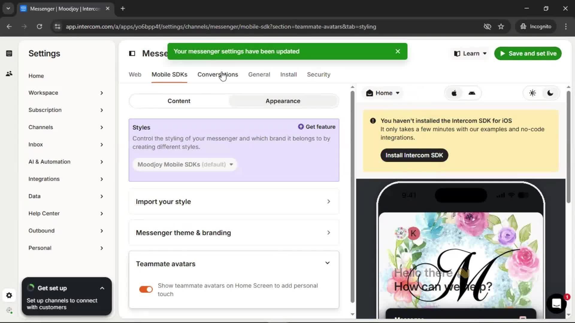 Messenger settings screenshot