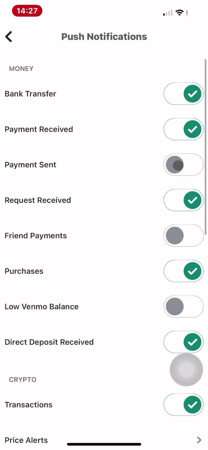 Notification settings on Venmo video thumbnail