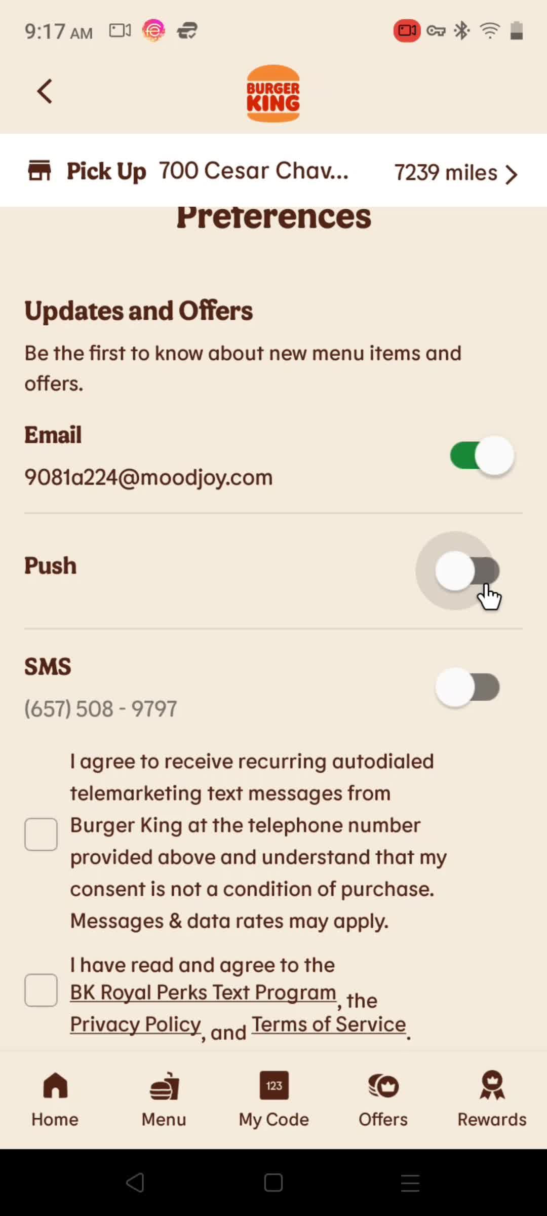 Notification settings on Burger King video thumbnail