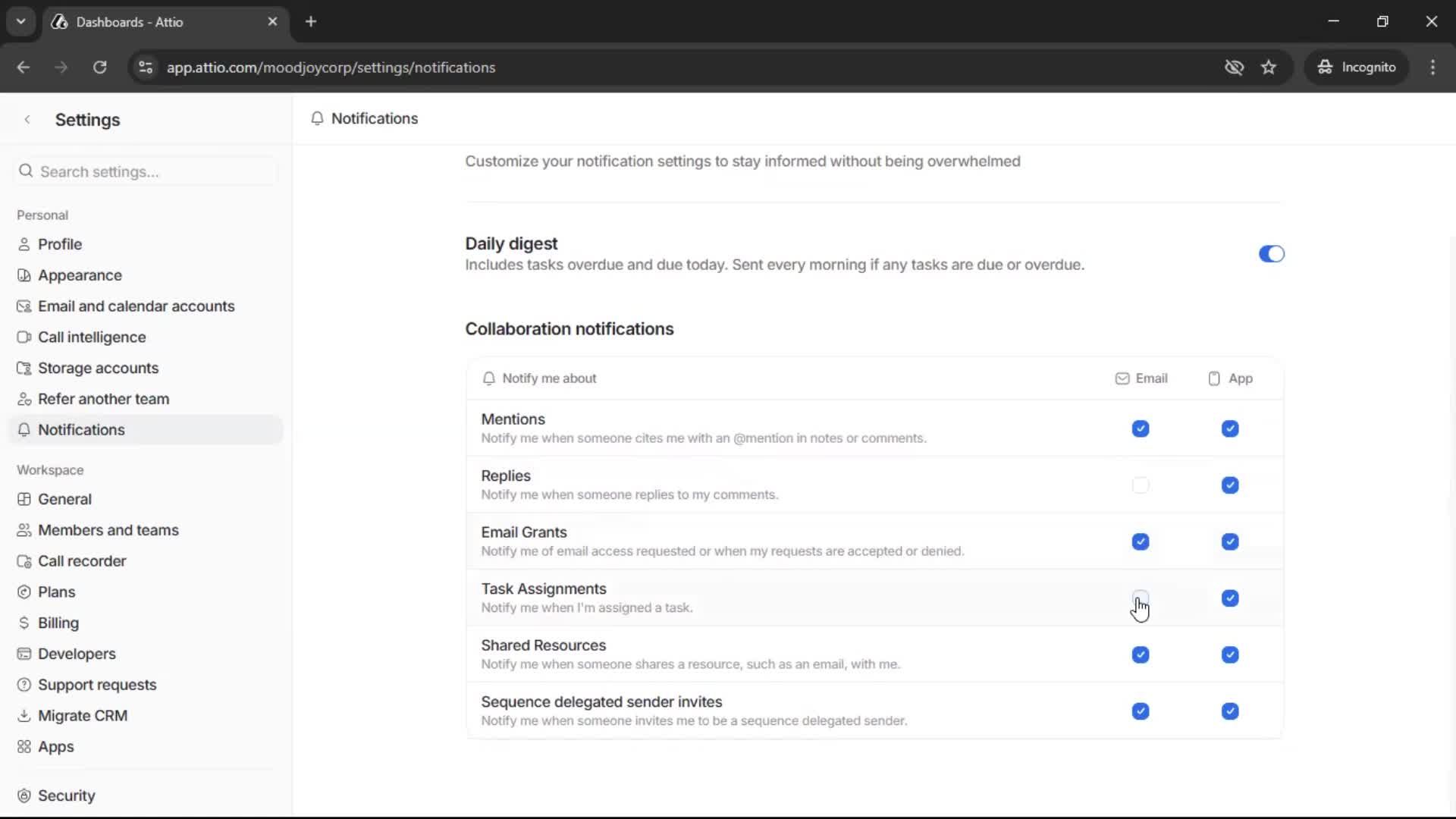 Notification settings screenshot