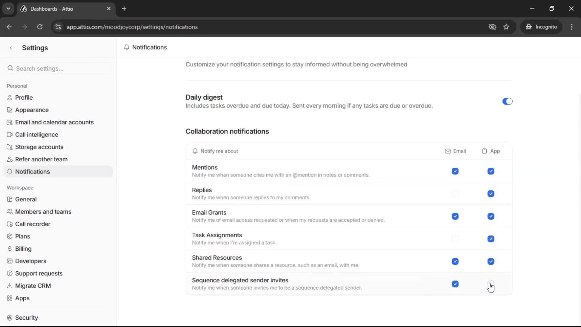 Notification settings screenshot