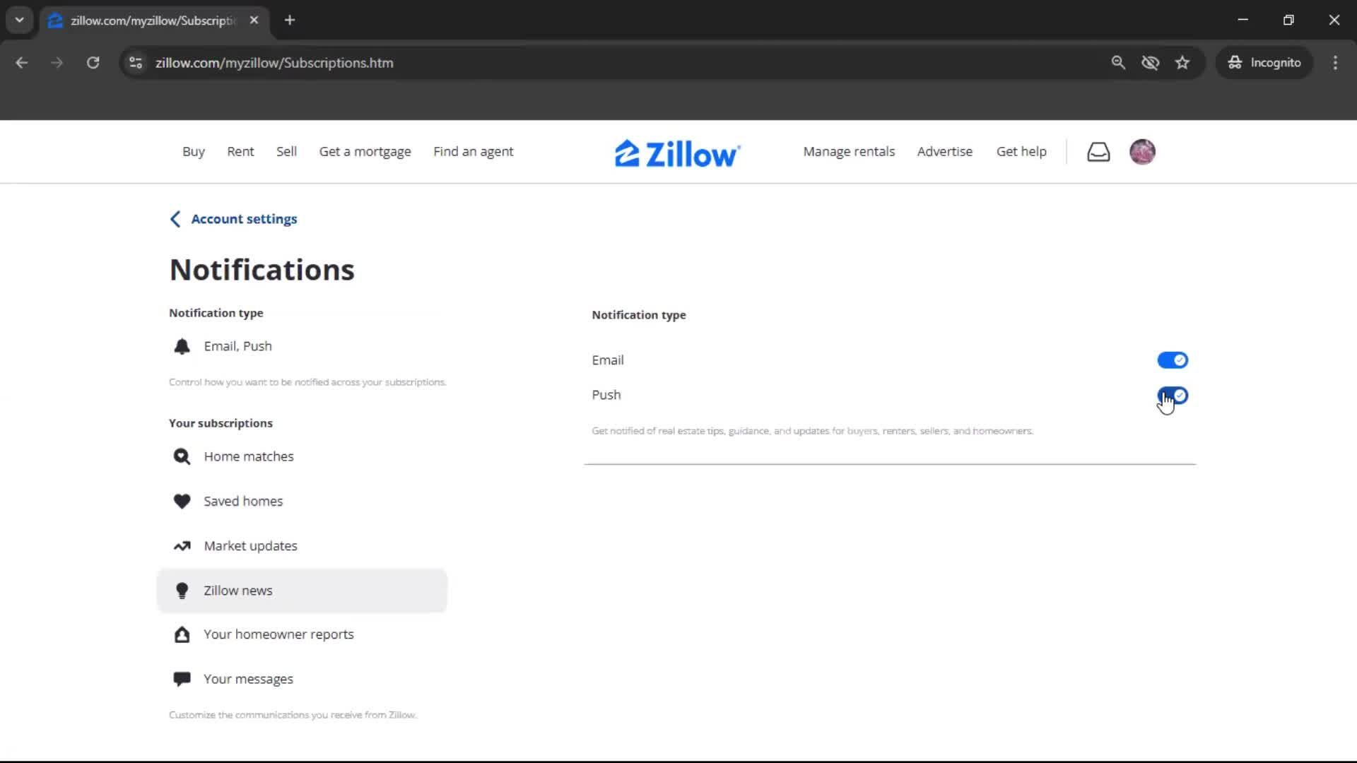 Notification settings screenshot