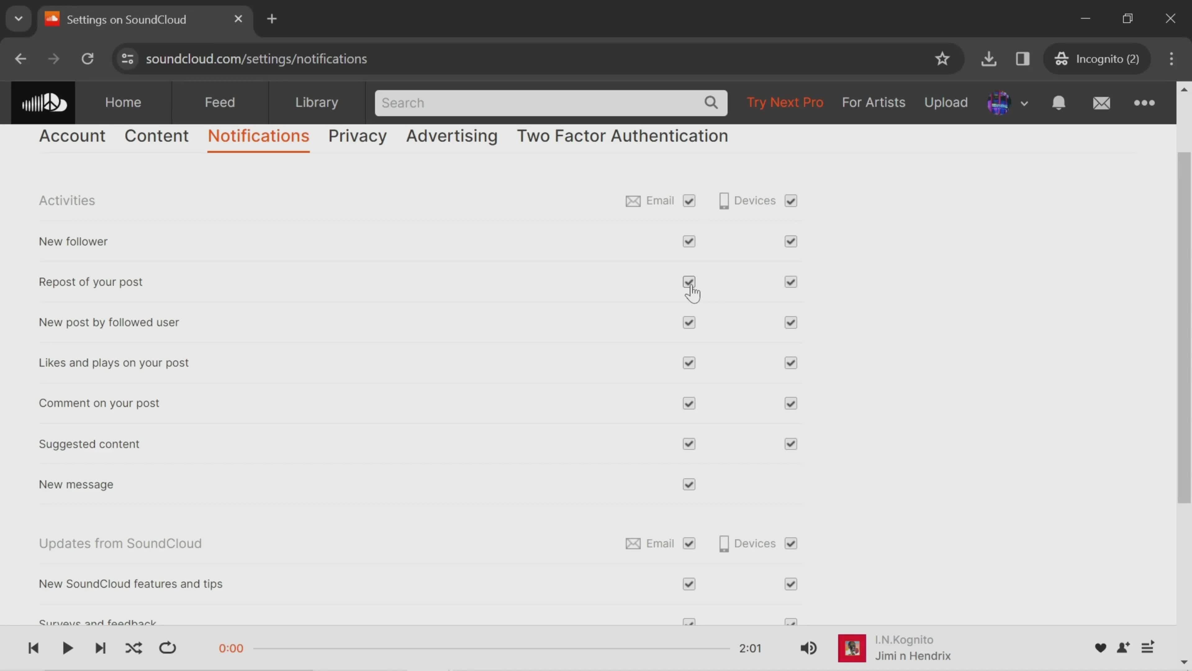 Notification settings on SoundCloud video thumbnail