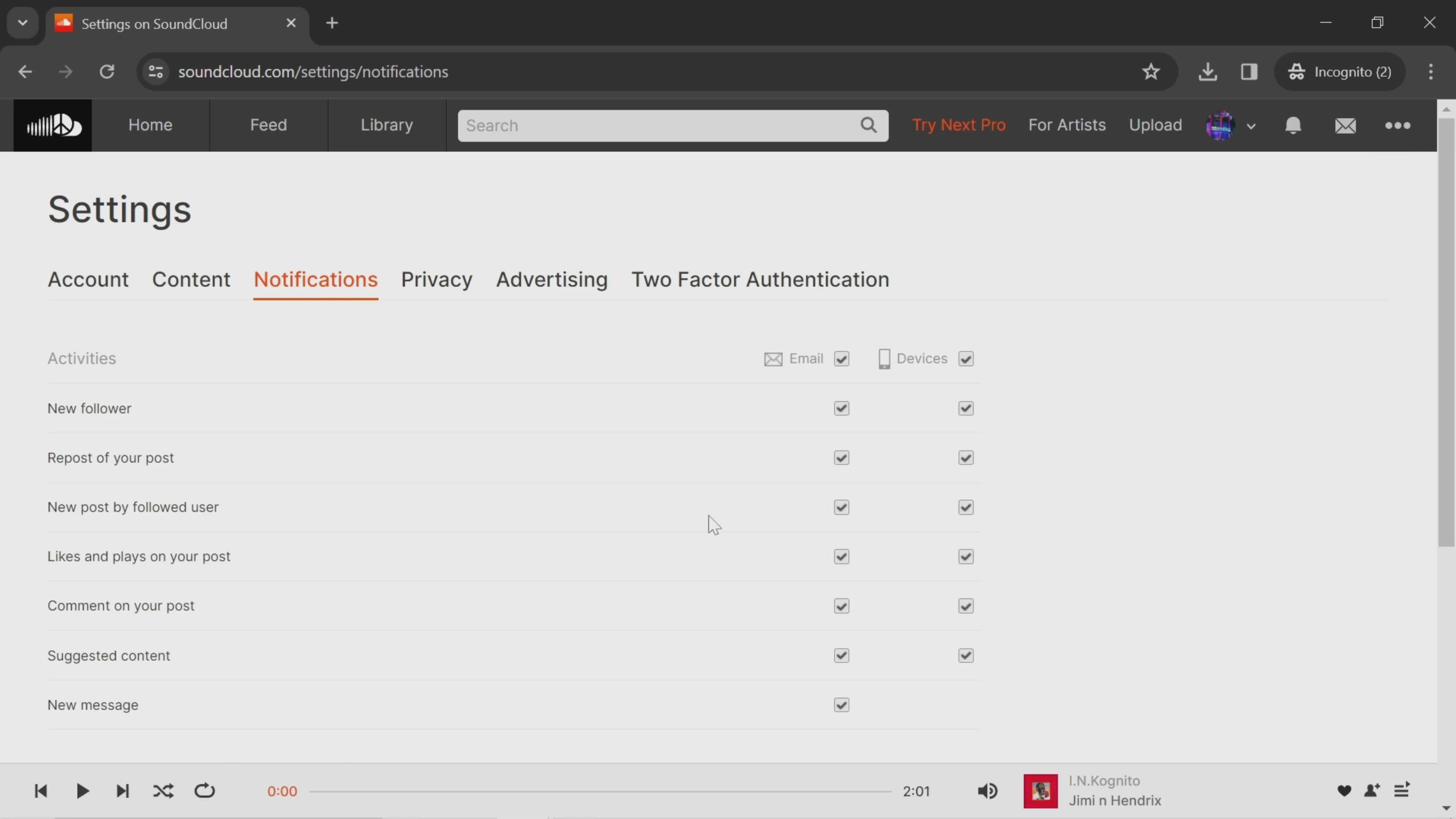 Notification settings on SoundCloud video thumbnail