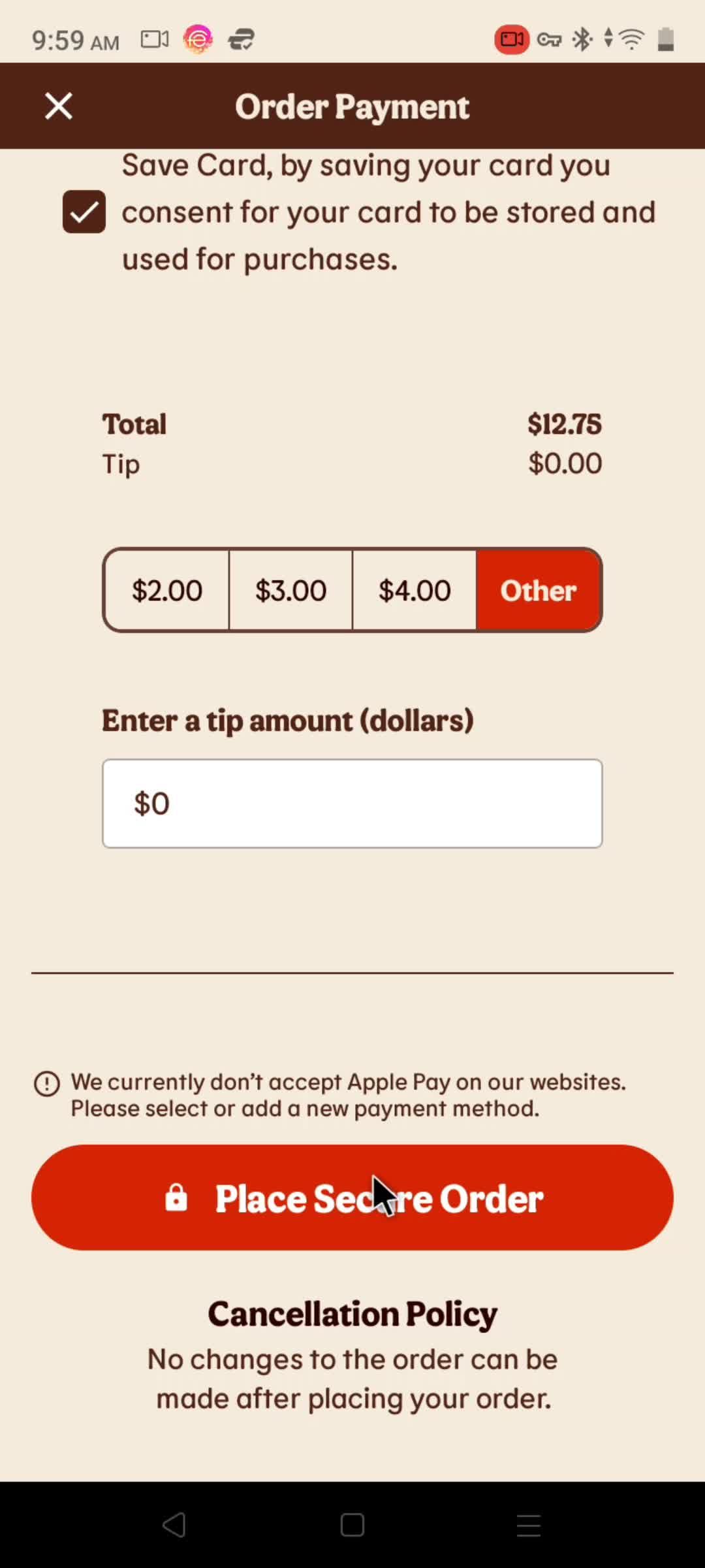 Ordering delivery screenshot