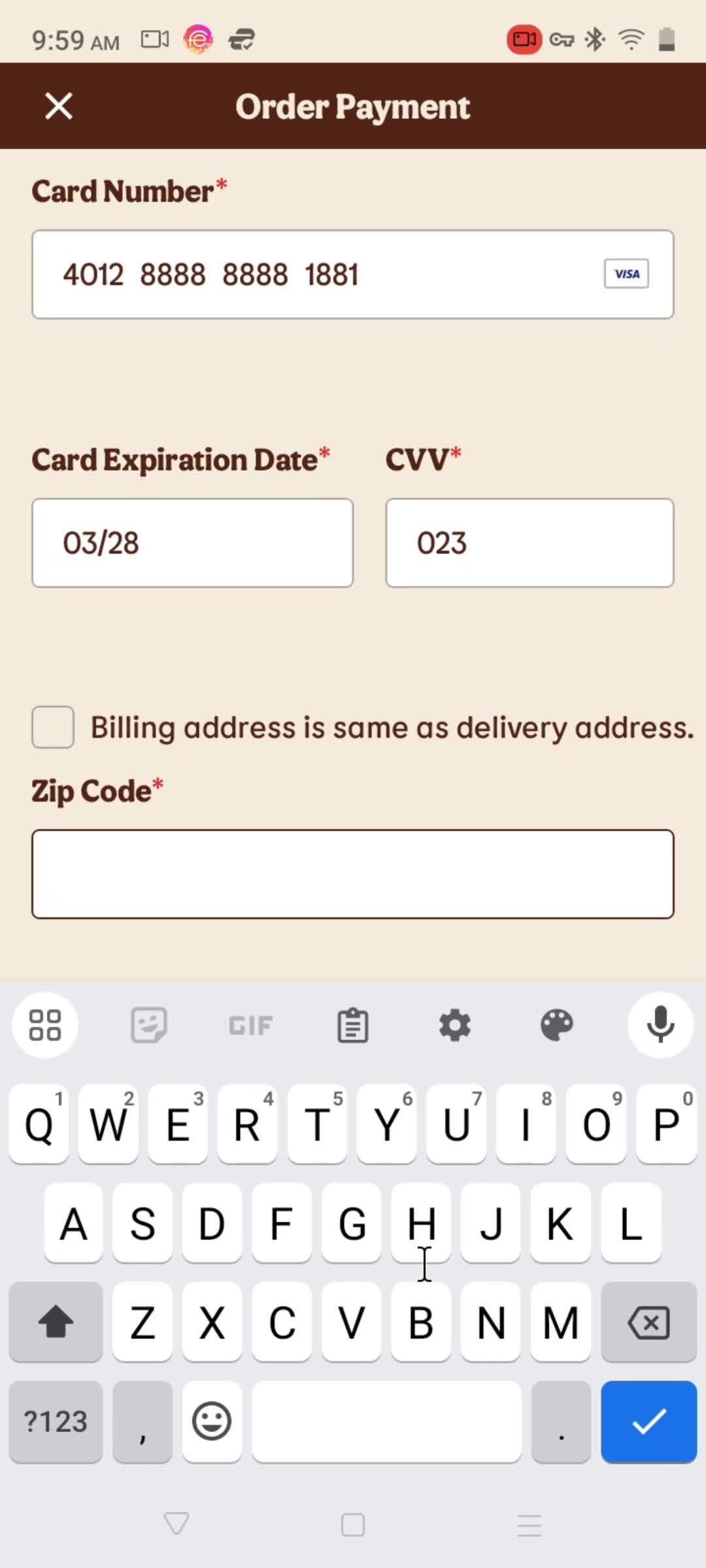 Ordering delivery screenshot