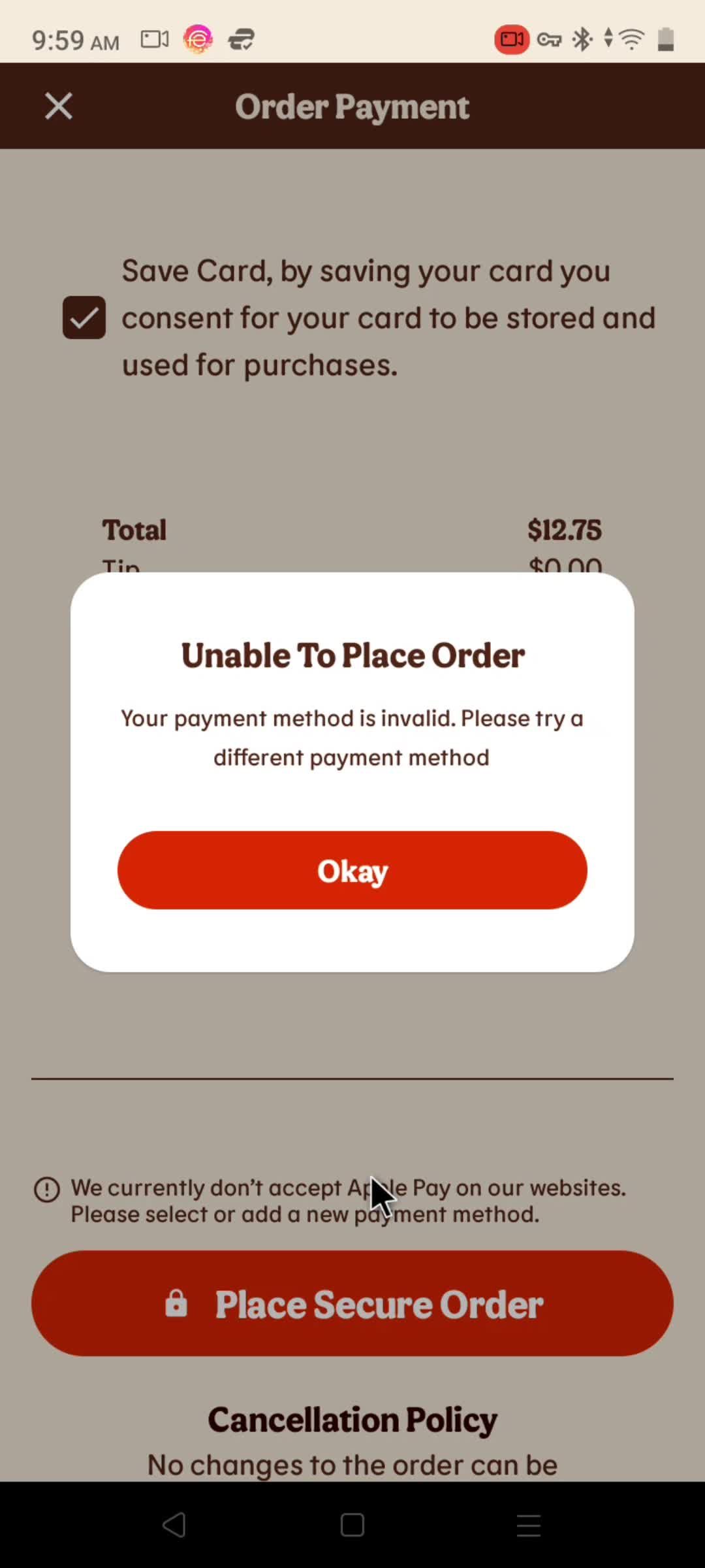 Ordering delivery screenshot