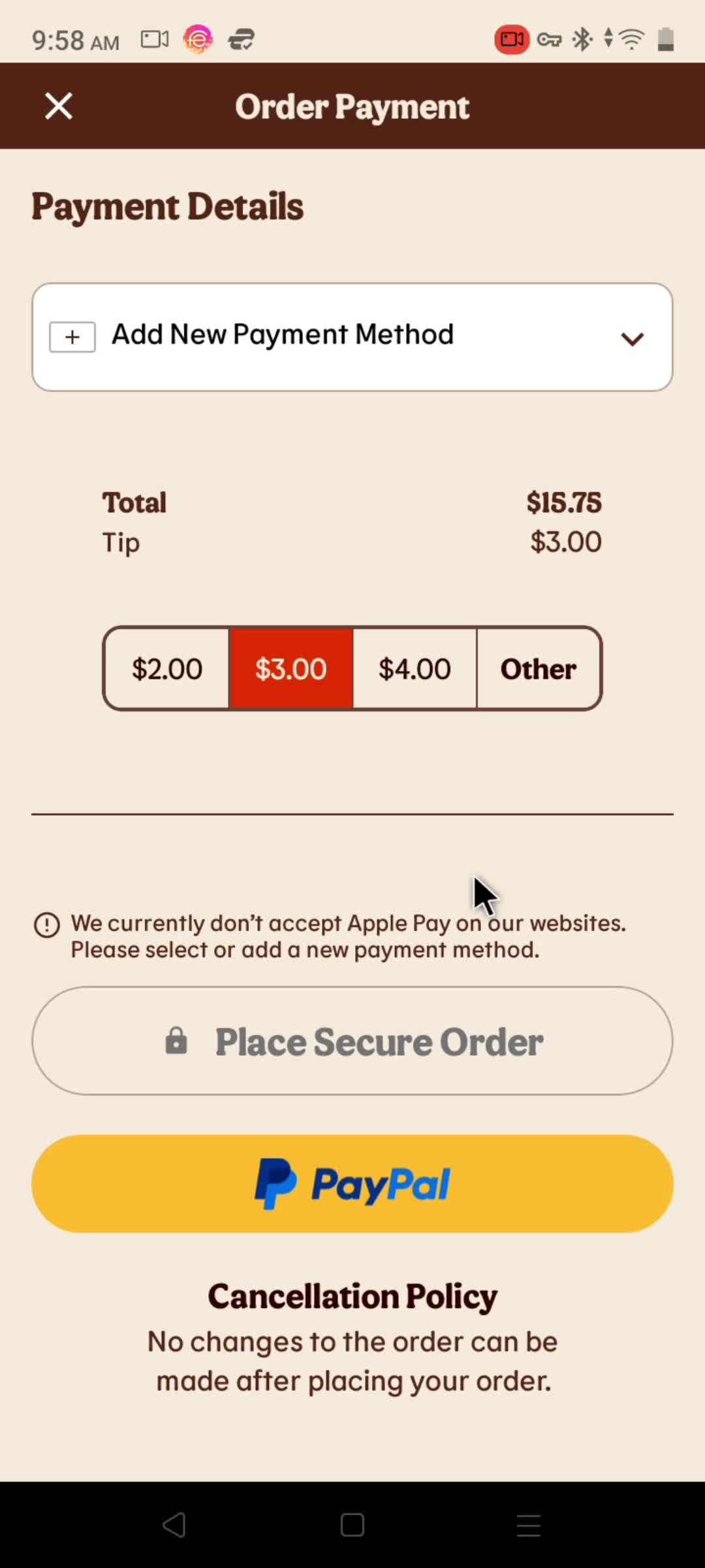 Ordering delivery screenshot