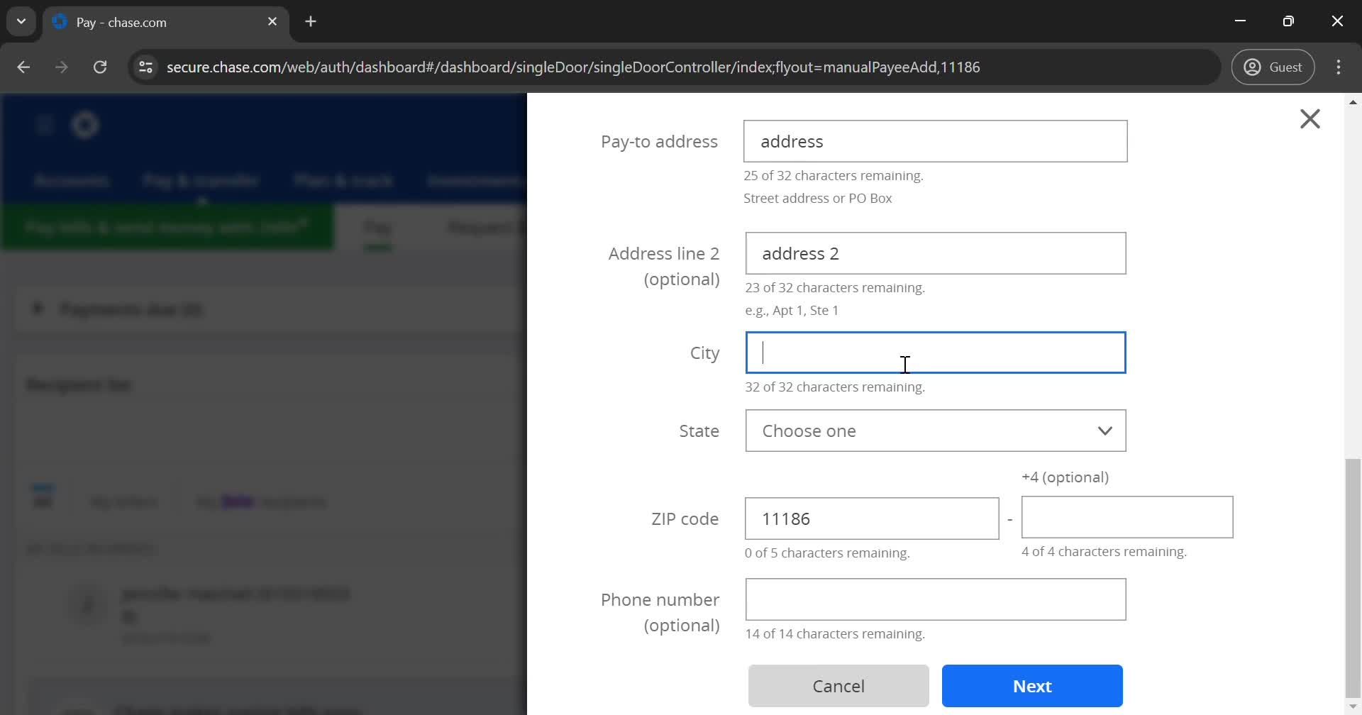 Adding a payee screenshot