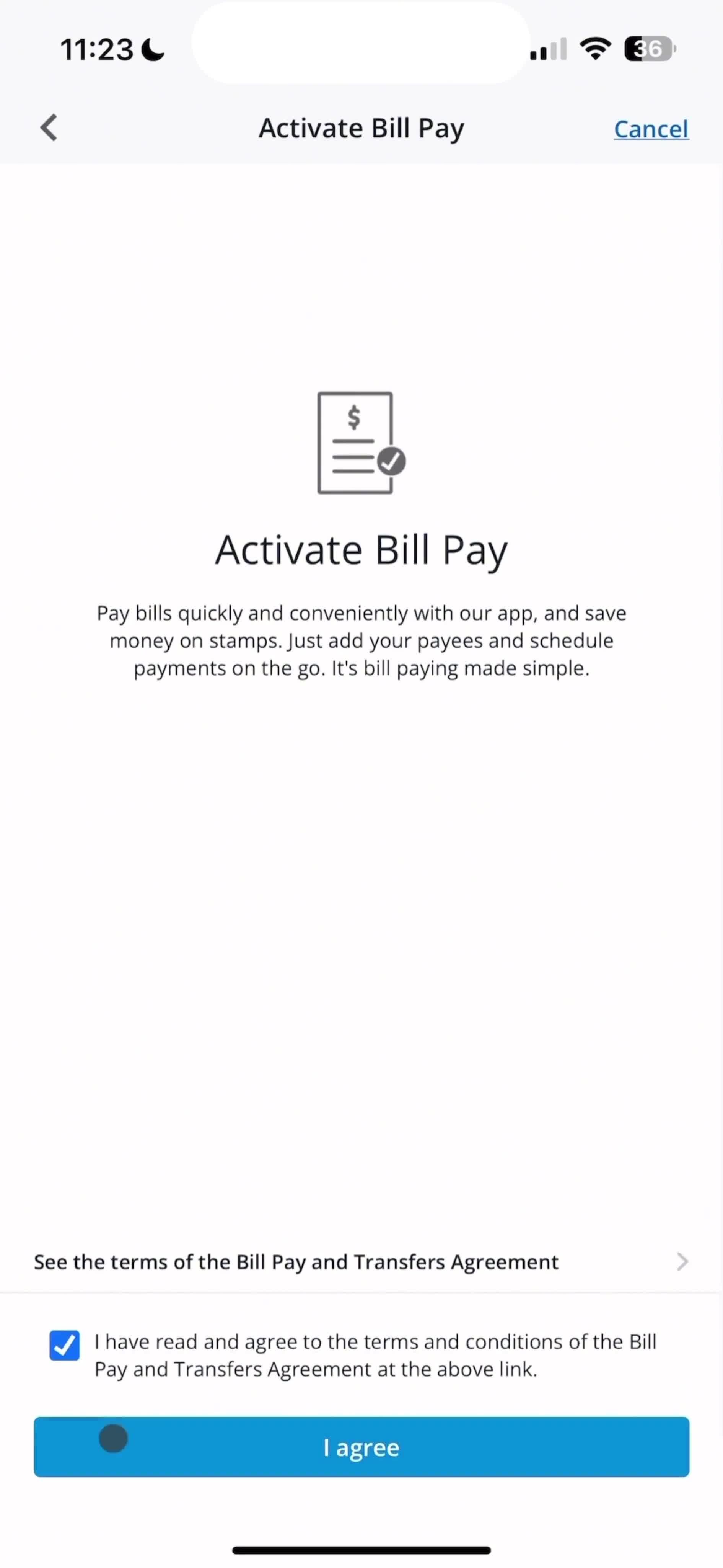 Activating bill pay screenshot