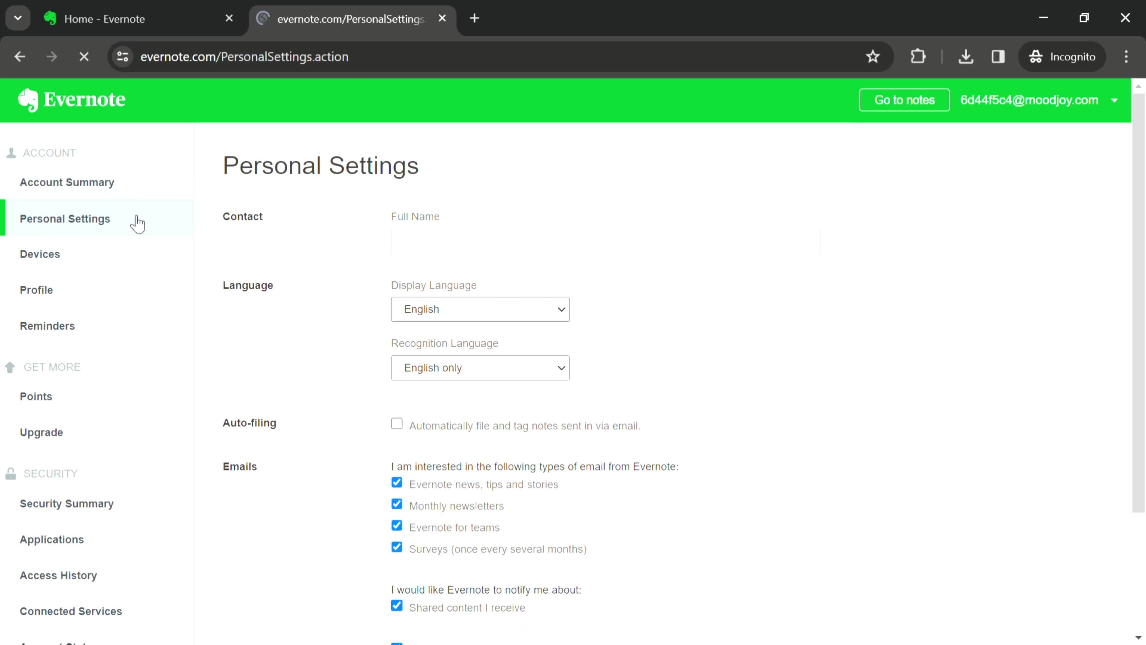 Personal settings on Evernote video thumbnail