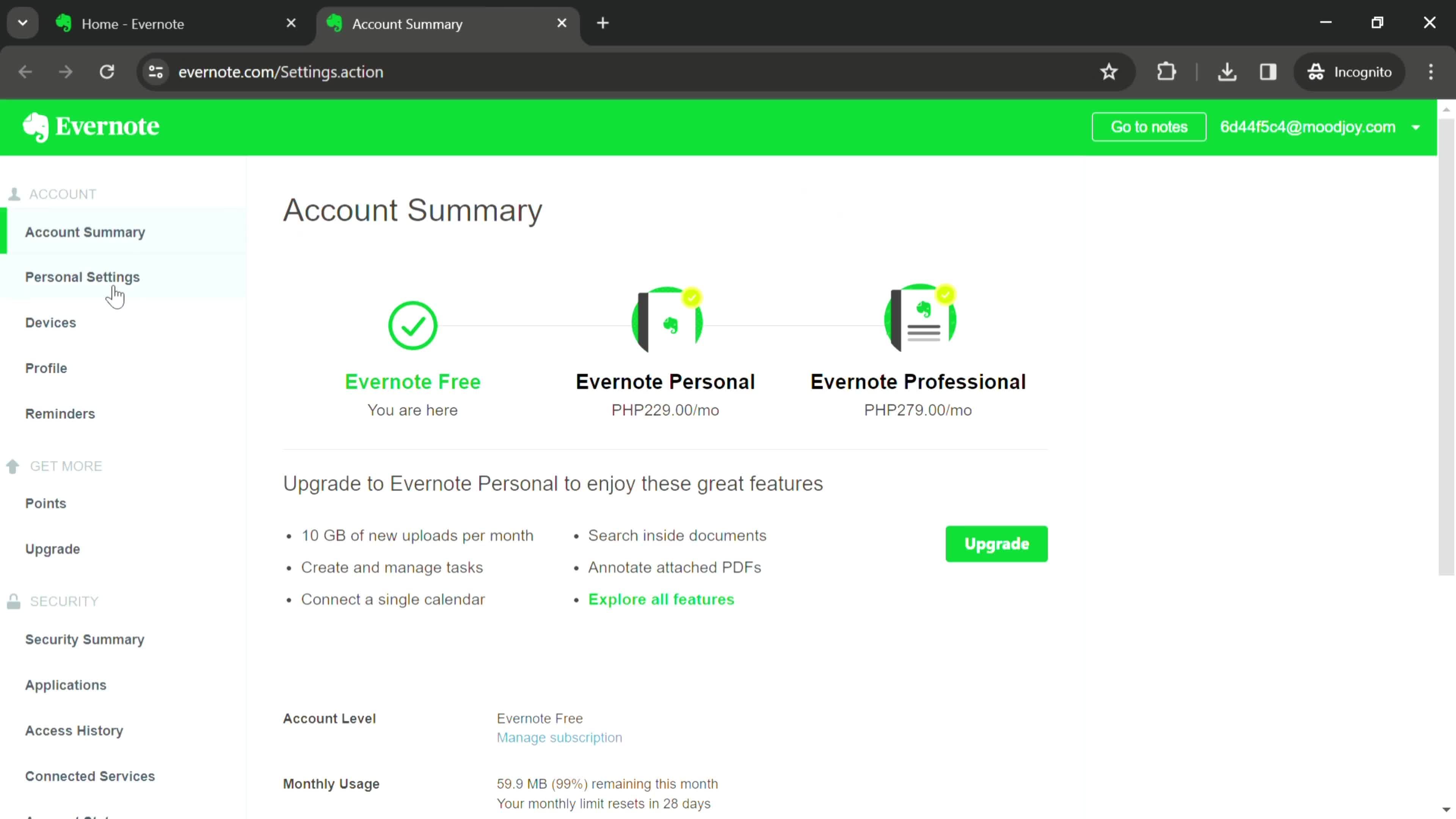 Personal settings on Evernote video thumbnail