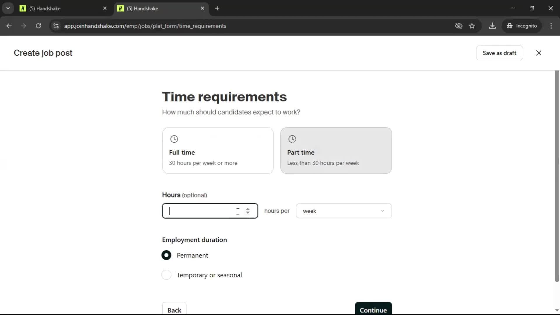 Creating a job post screenshot