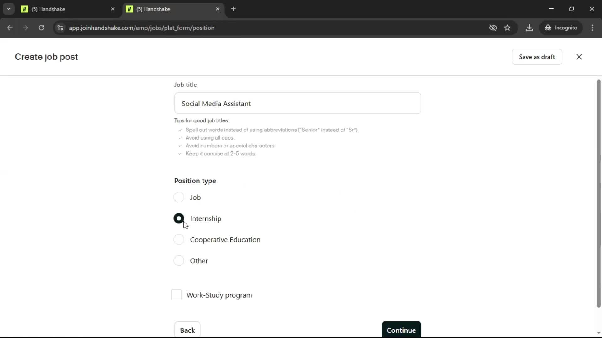 Creating a job post screenshot