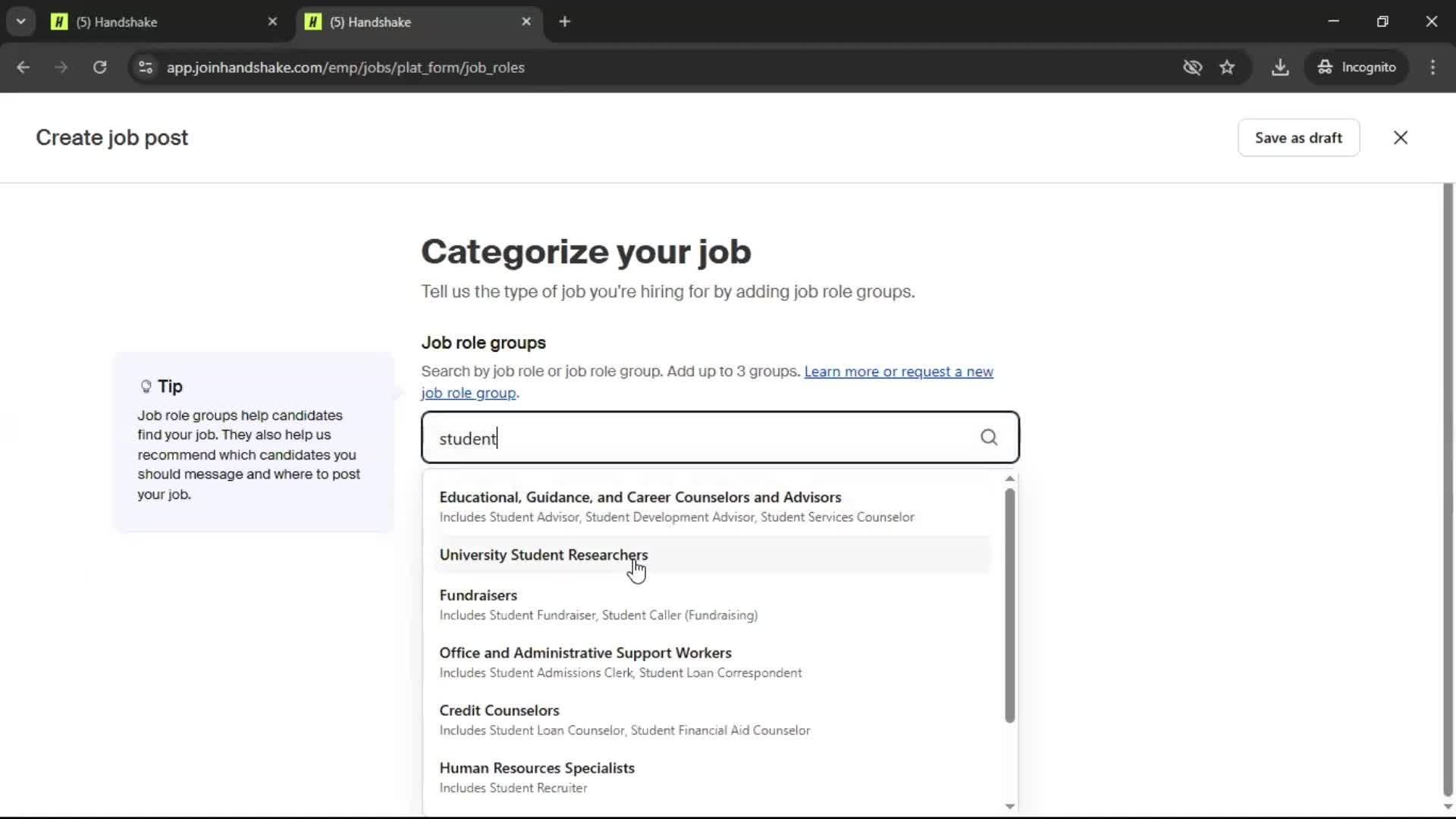 Creating a job post screenshot