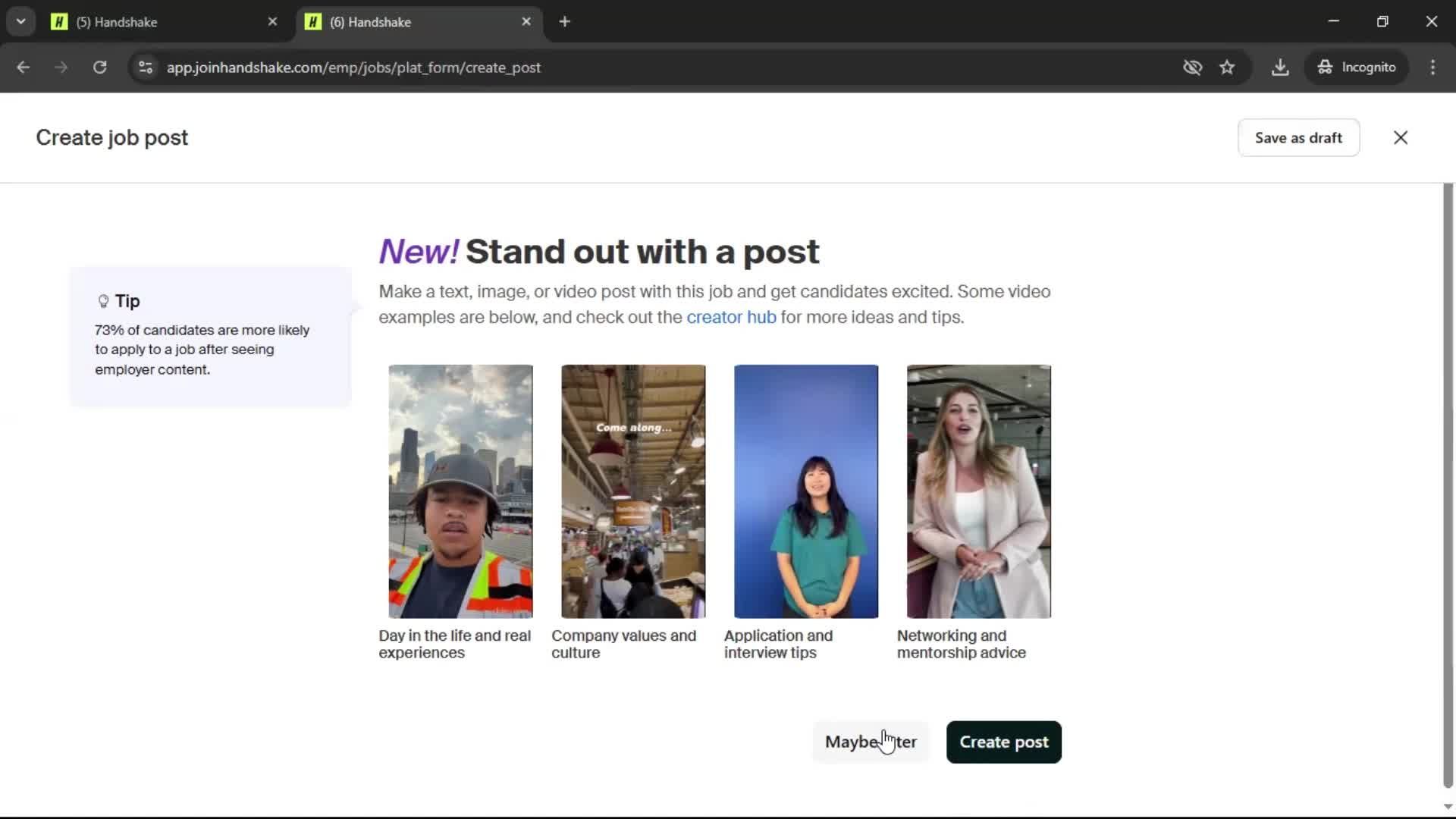 Creating a job post screenshot