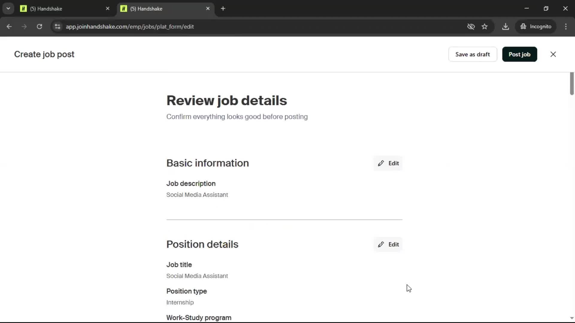 Creating a job post screenshot