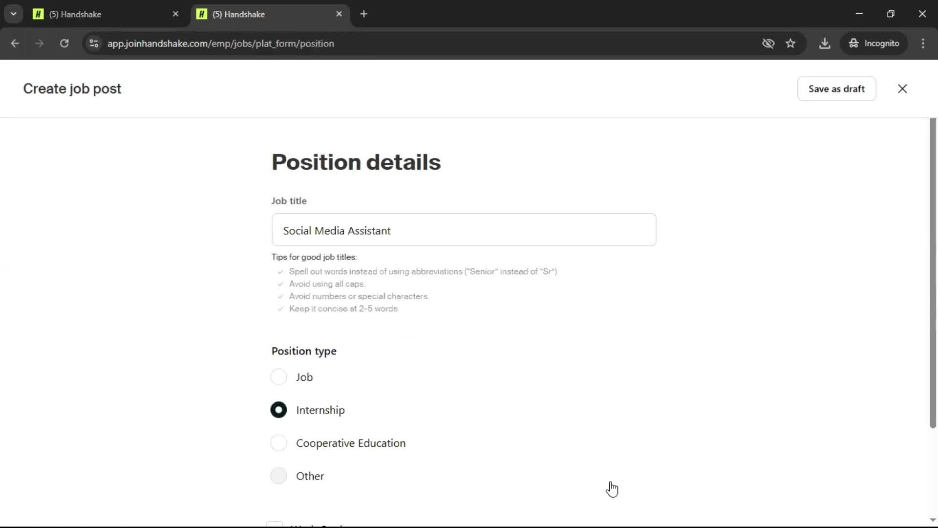 Creating a job post screenshot