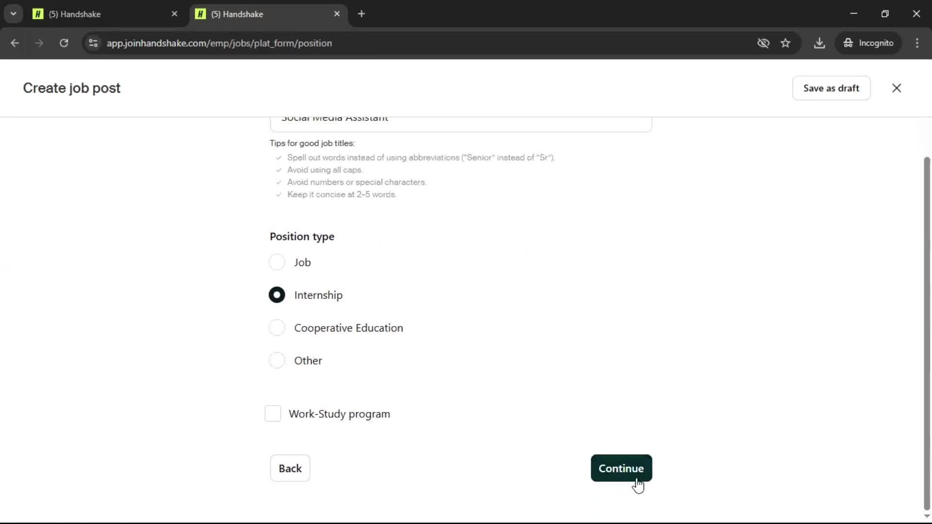 Creating a job post screenshot