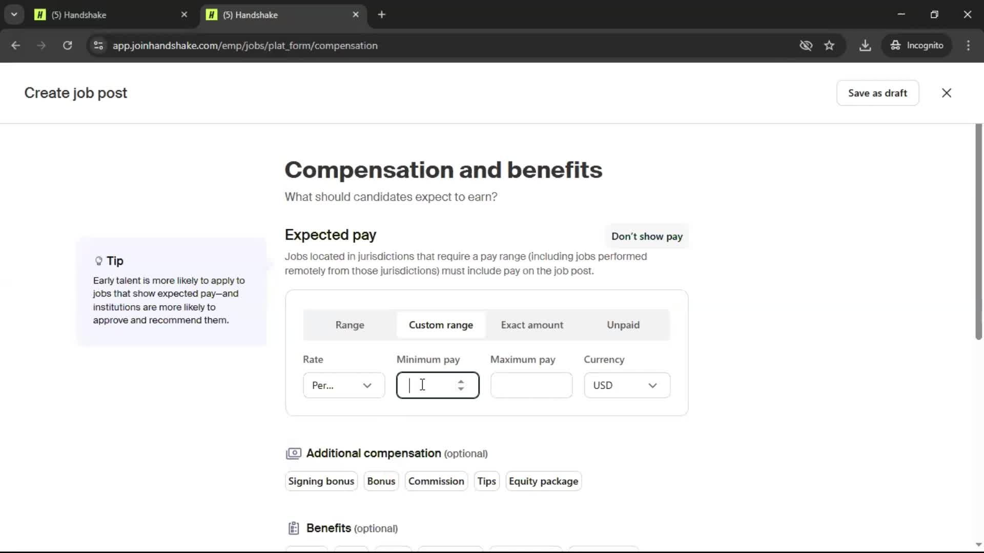 Creating a job post screenshot