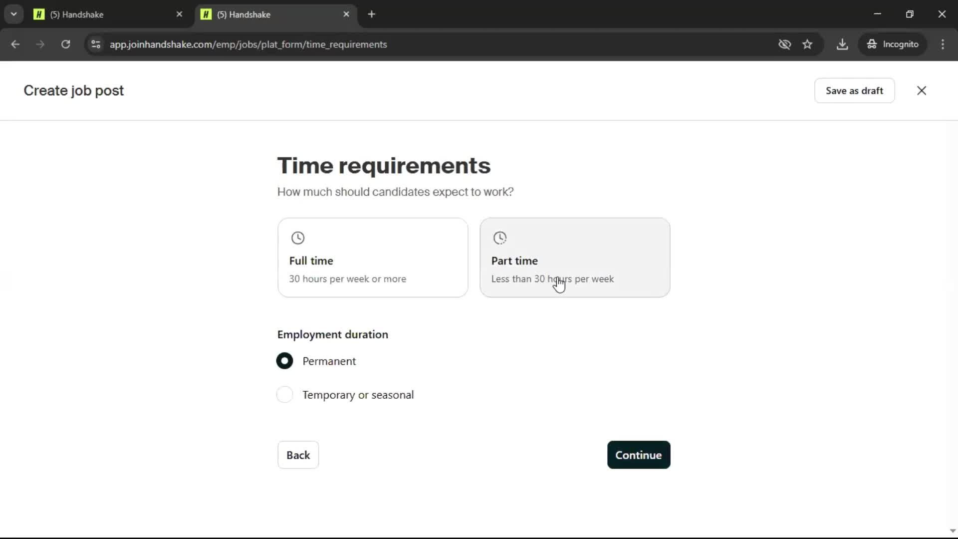 Creating a job post screenshot