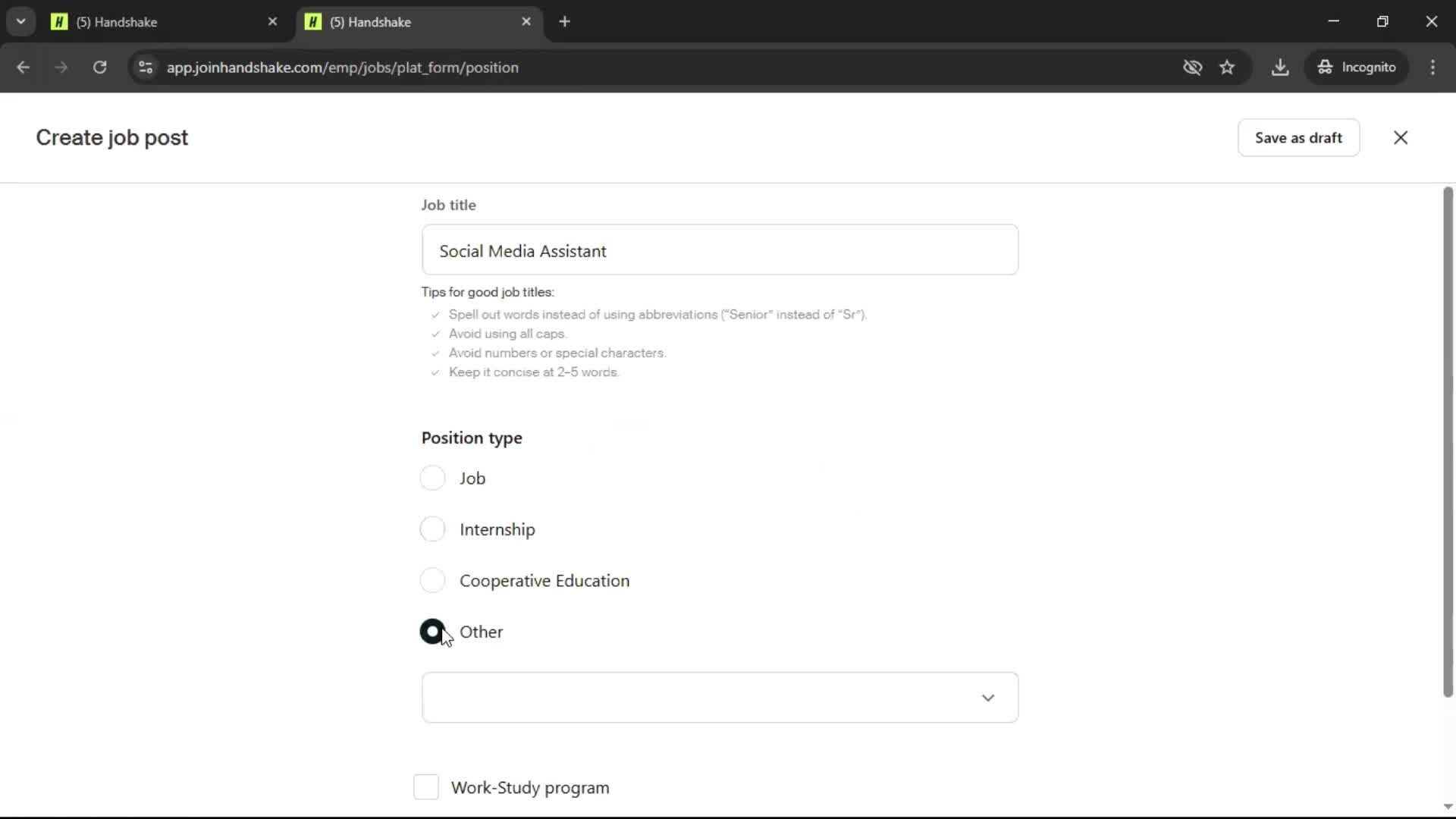 Creating a job post screenshot