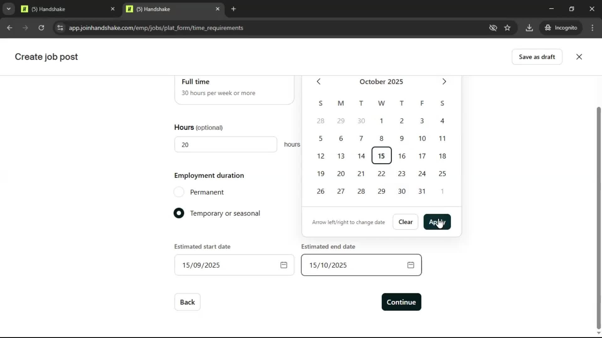 Creating a job post screenshot