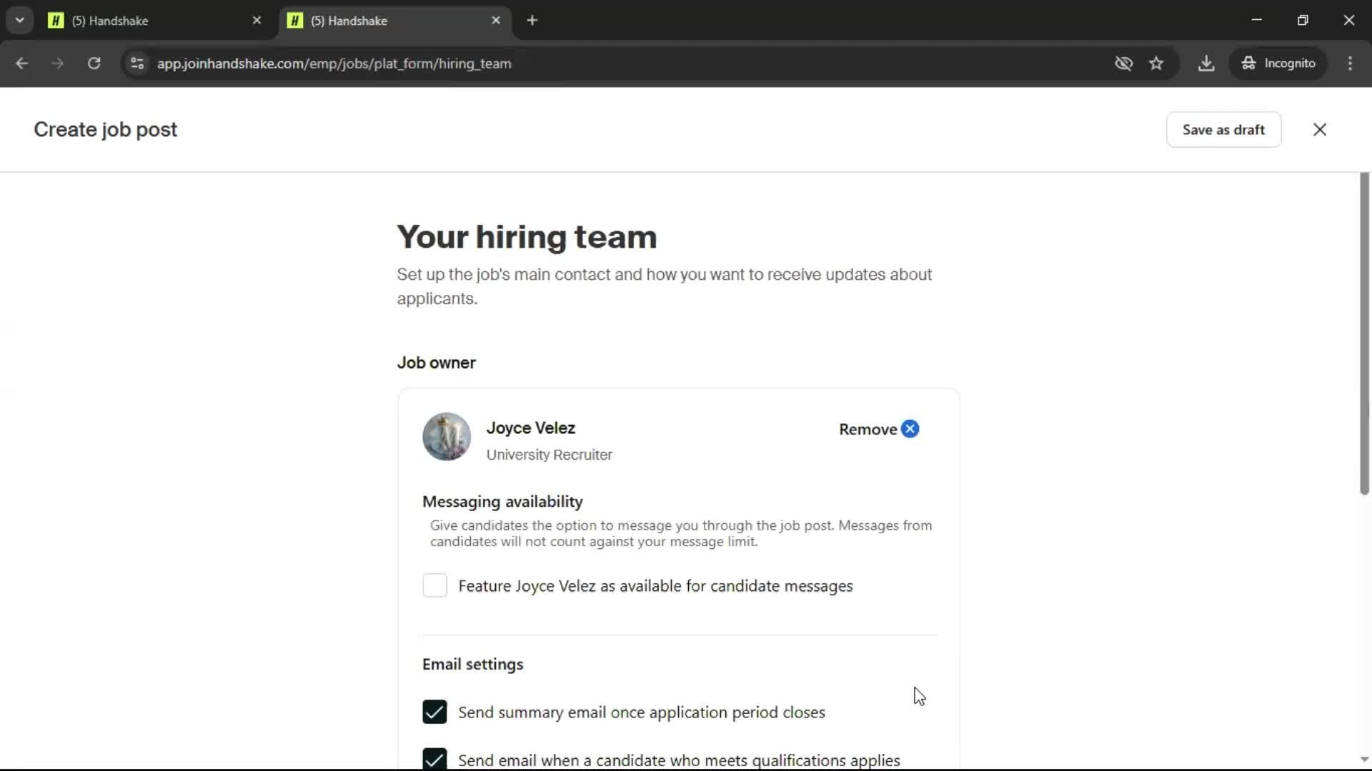 Creating a job post screenshot