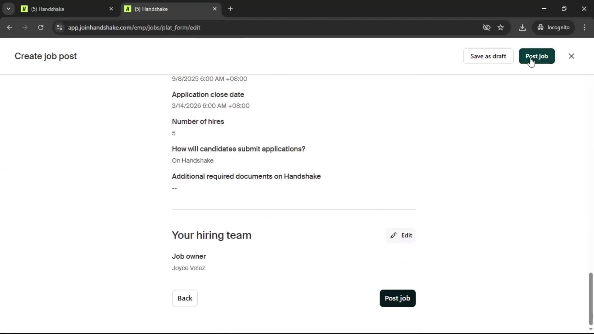 Creating a job post screenshot