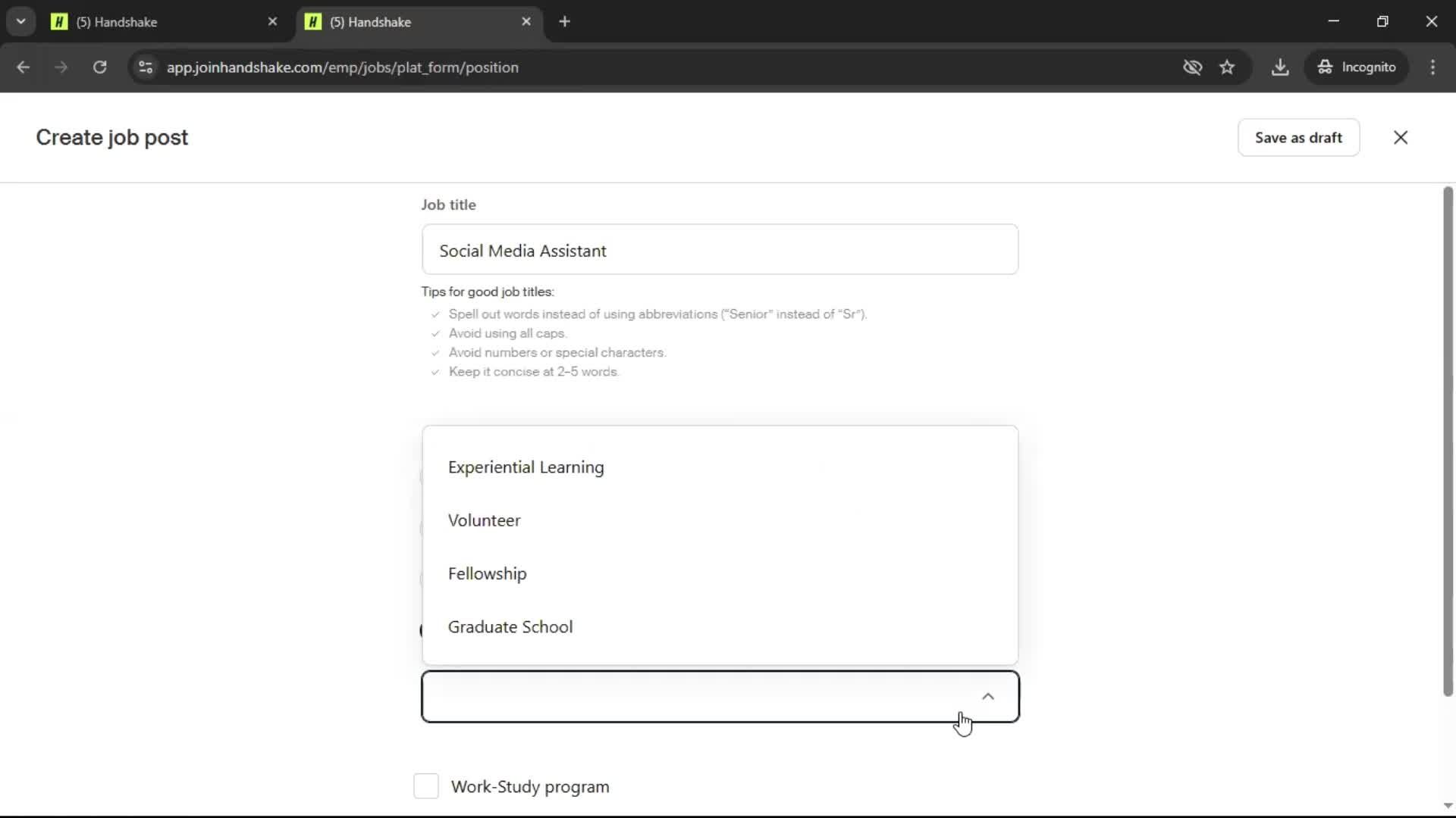 Creating a job post screenshot