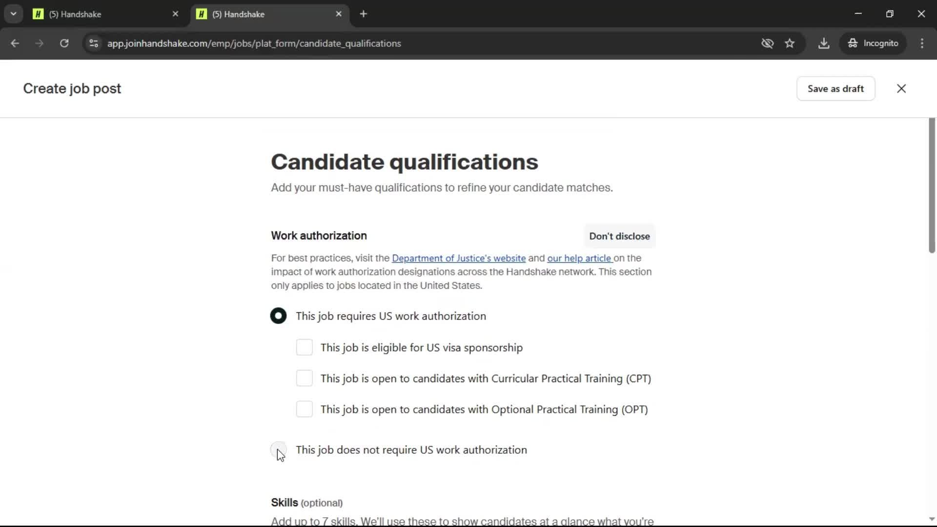 Creating a job post screenshot