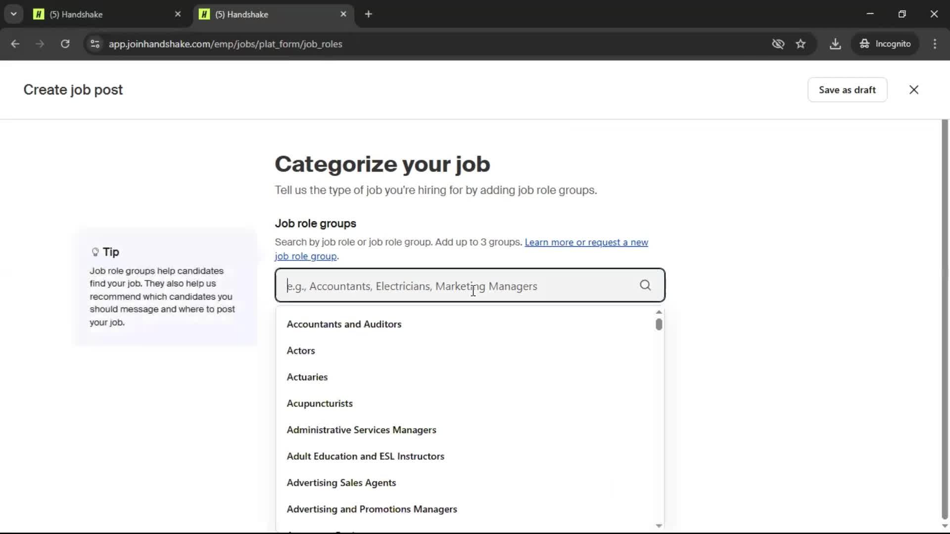 Creating a job post screenshot