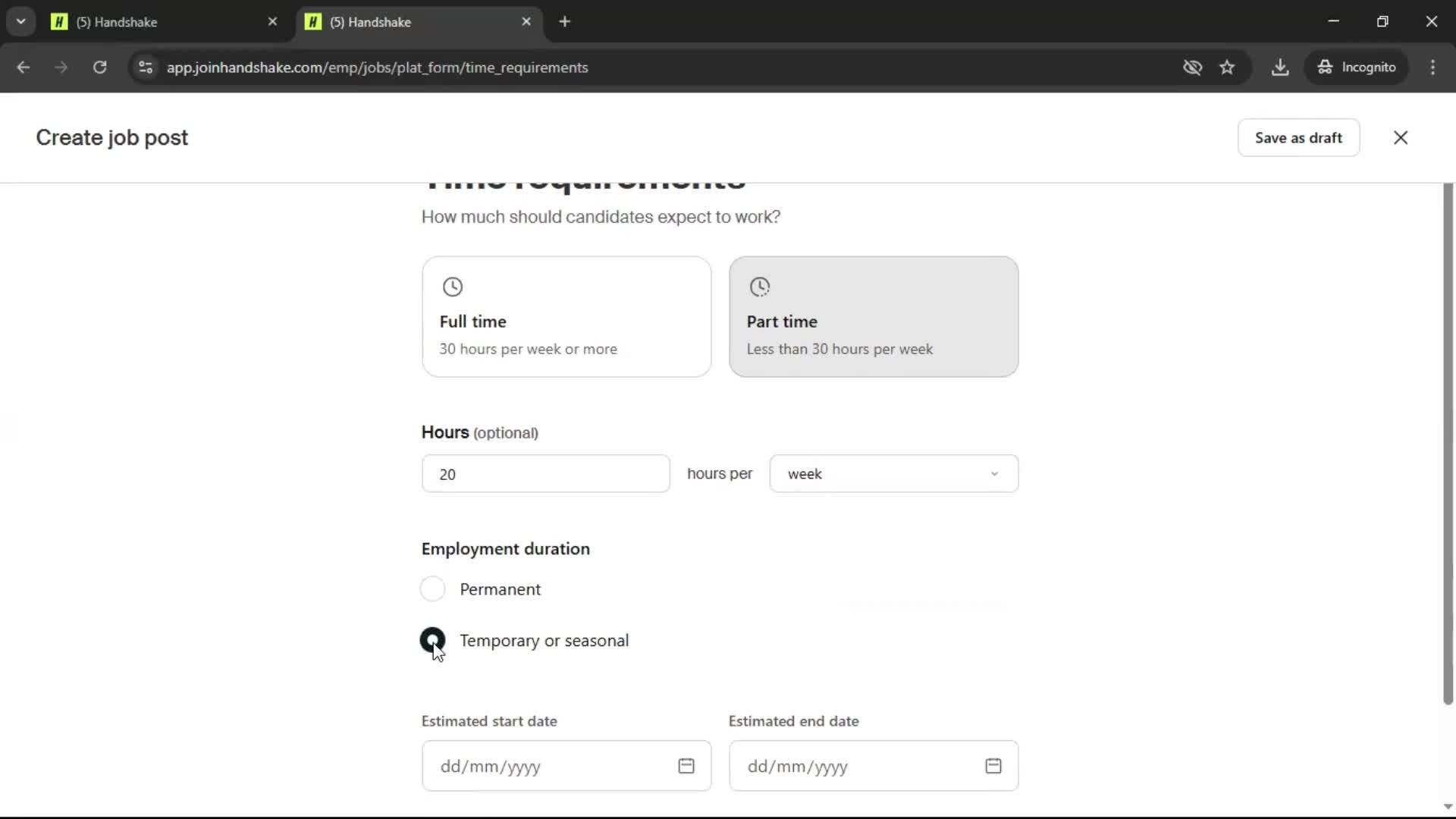 Creating a job post screenshot