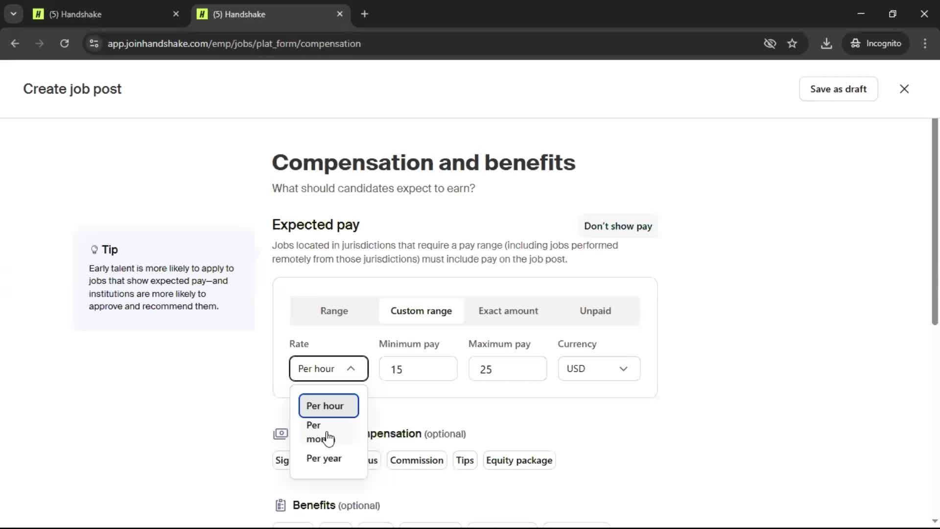 Creating a job post screenshot