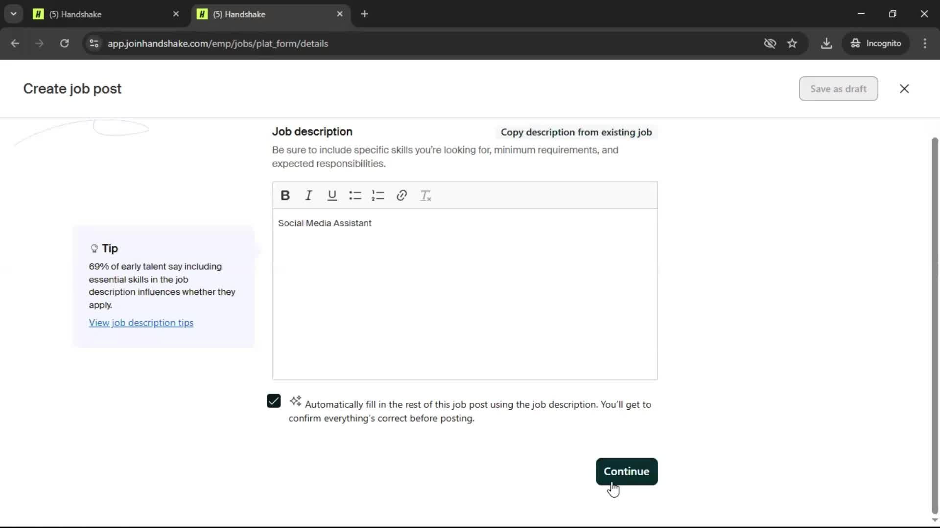 Creating a job post screenshot
