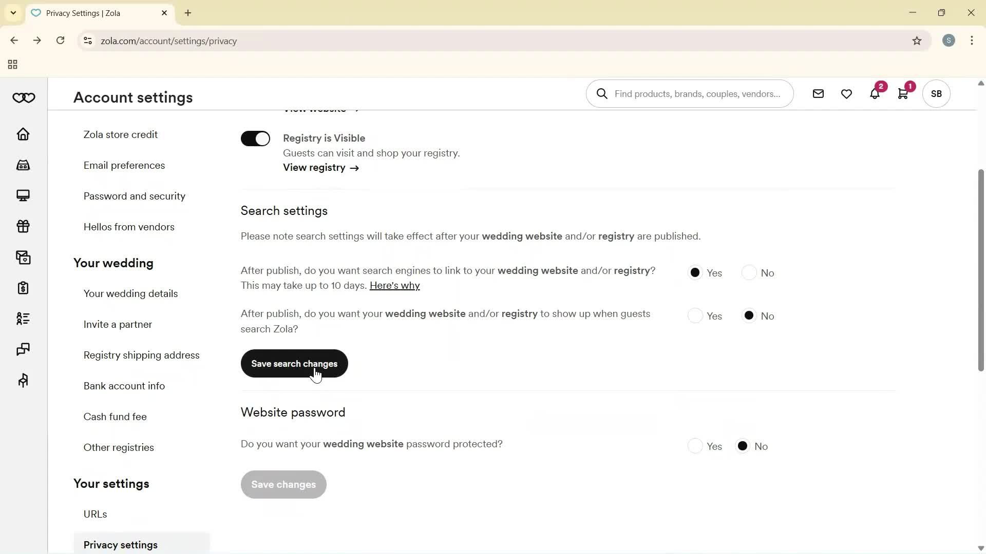 Privacy settings screenshot