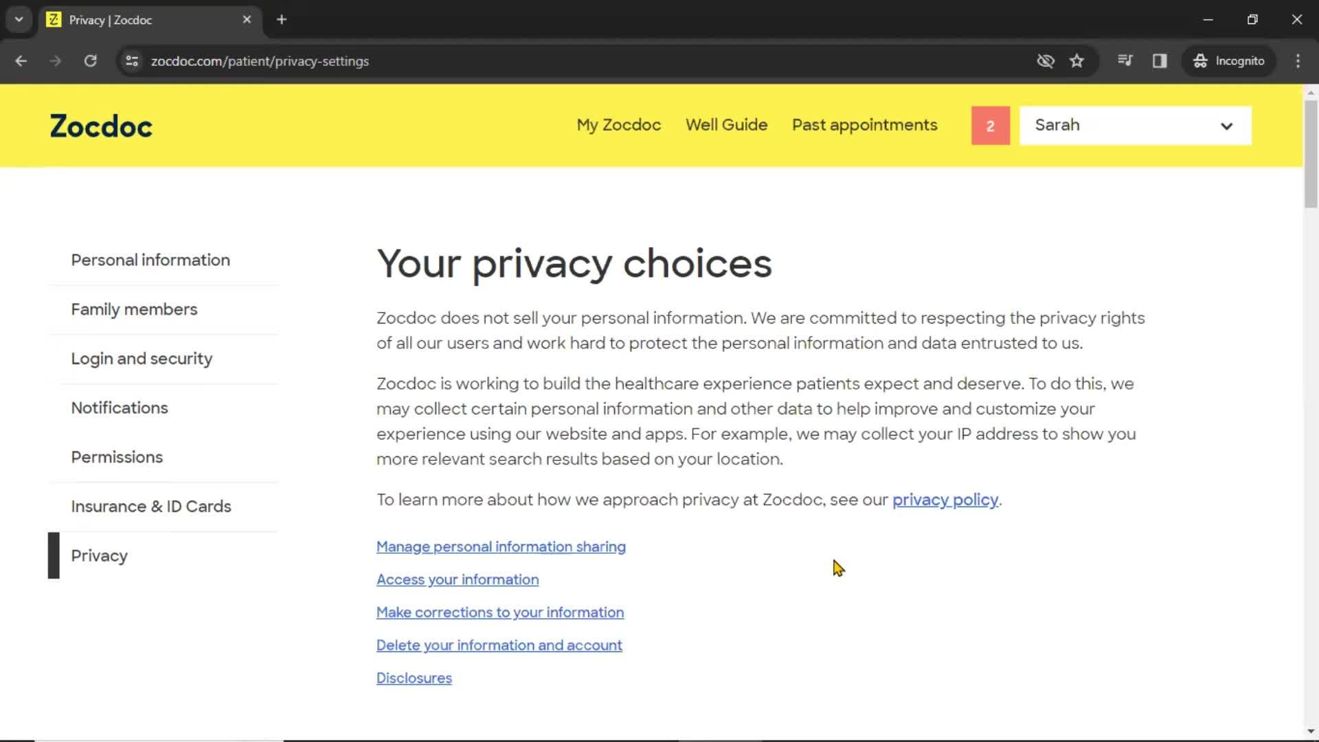 Privacy settings screenshot