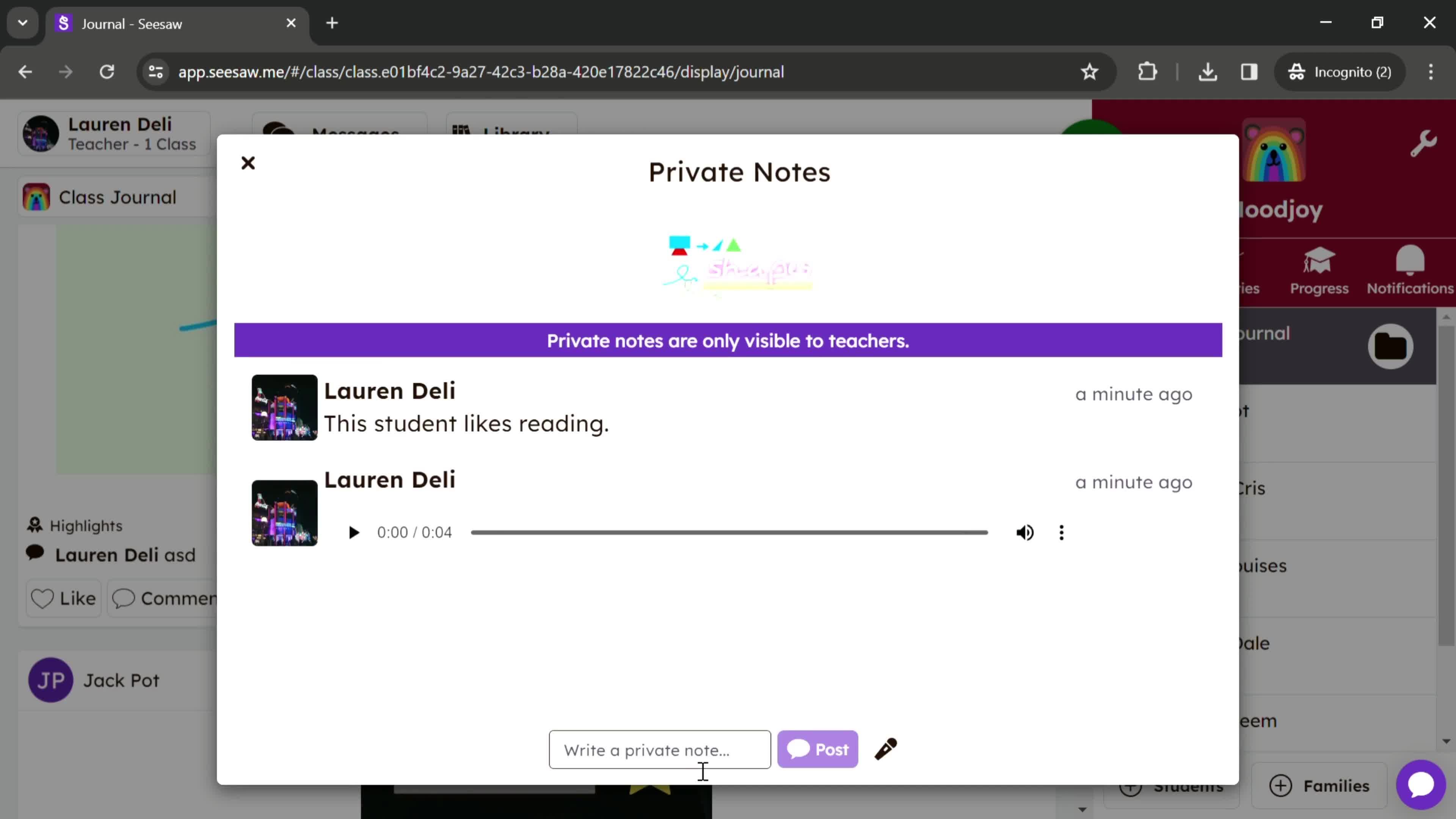 Creating a private note screenshot