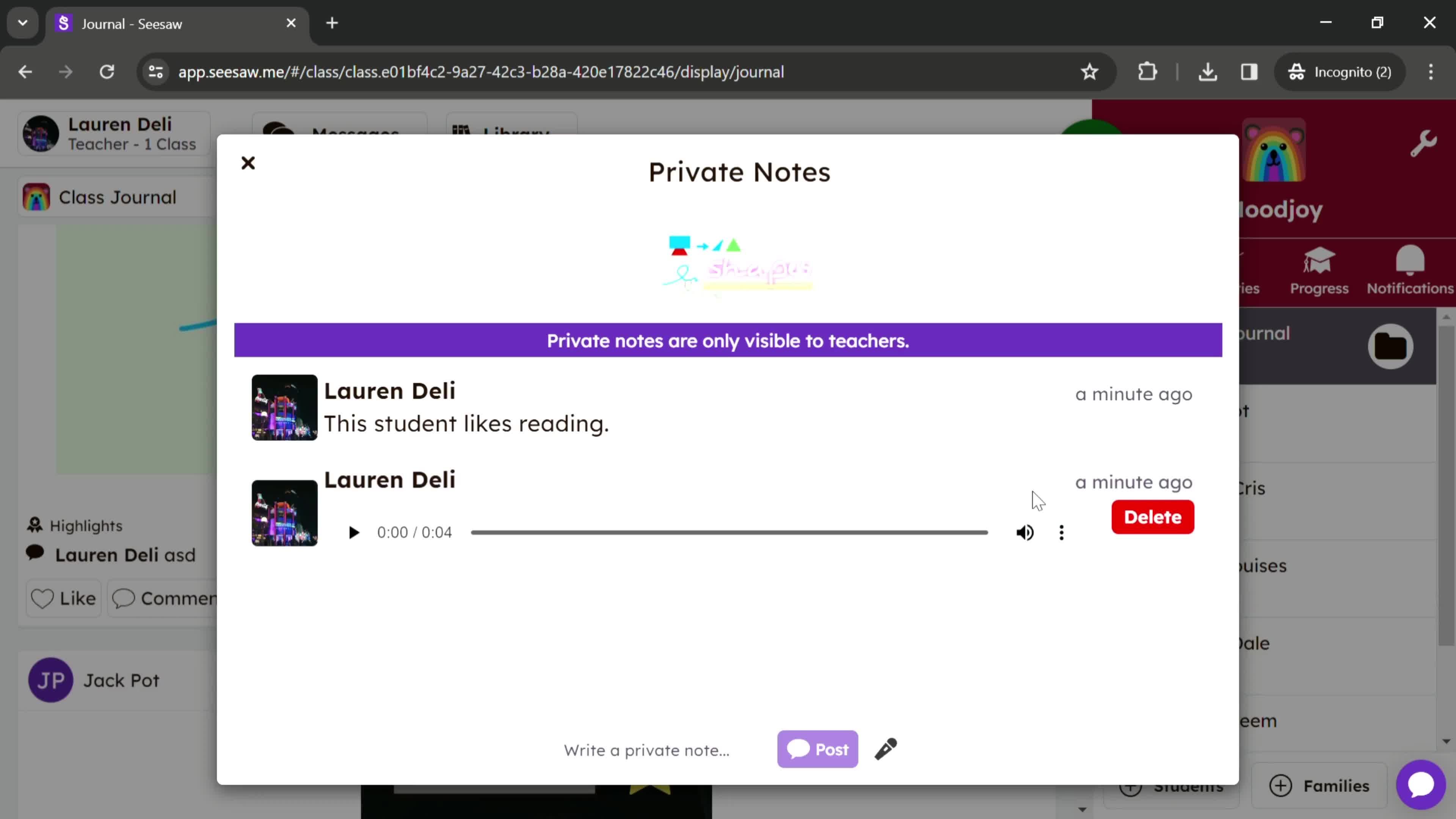 Creating a private note screenshot