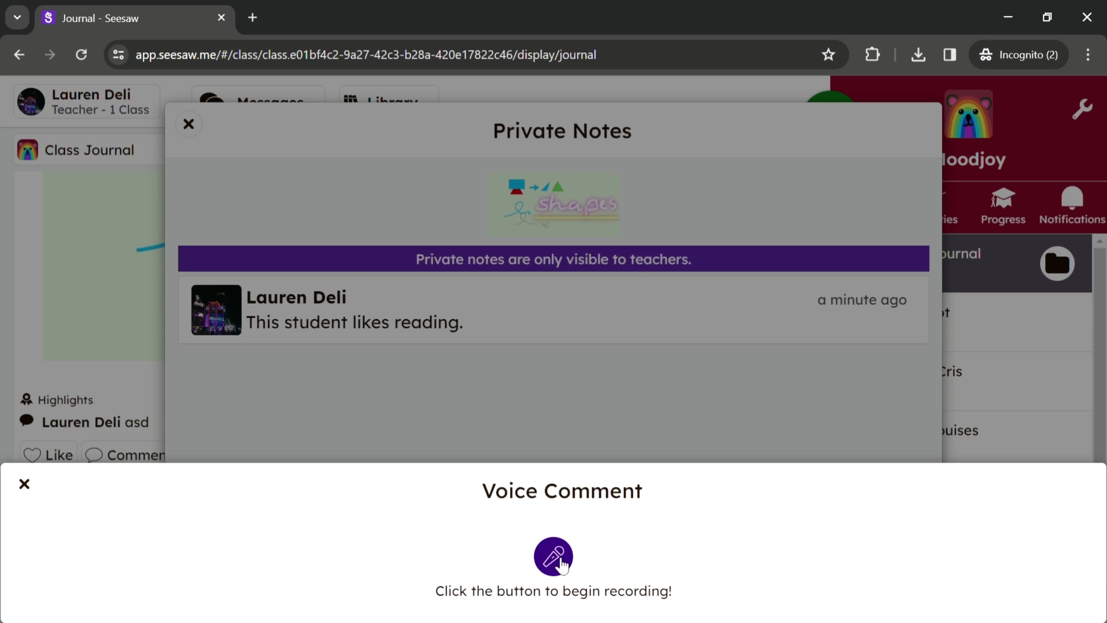 Creating a private note screenshot