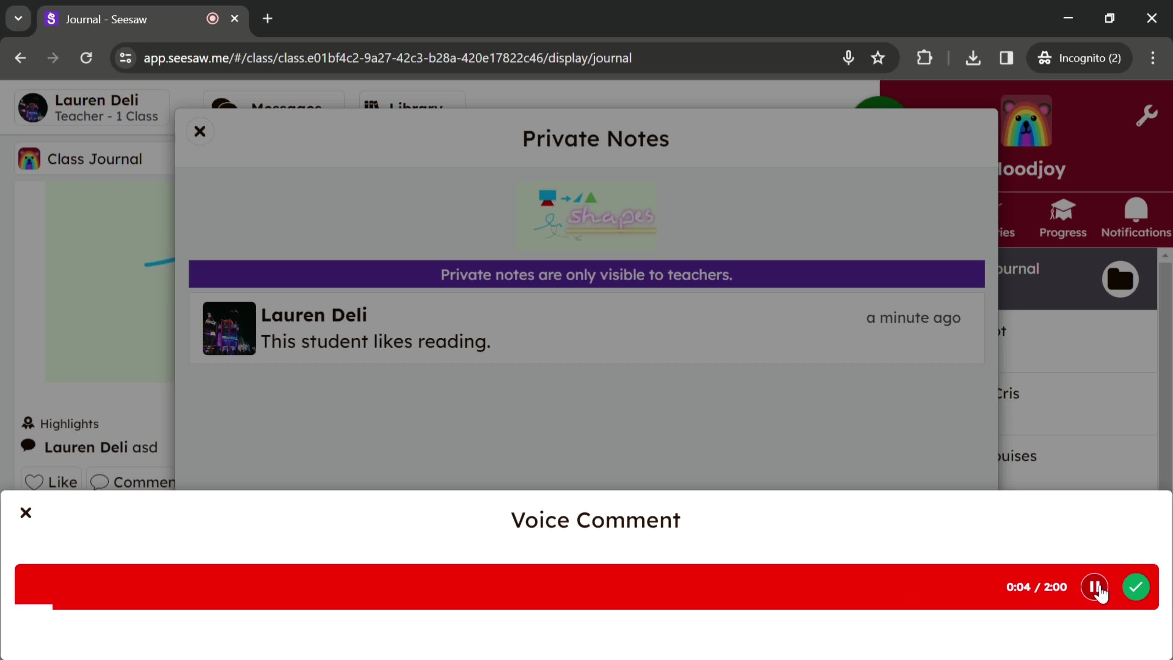 Creating a private note screenshot