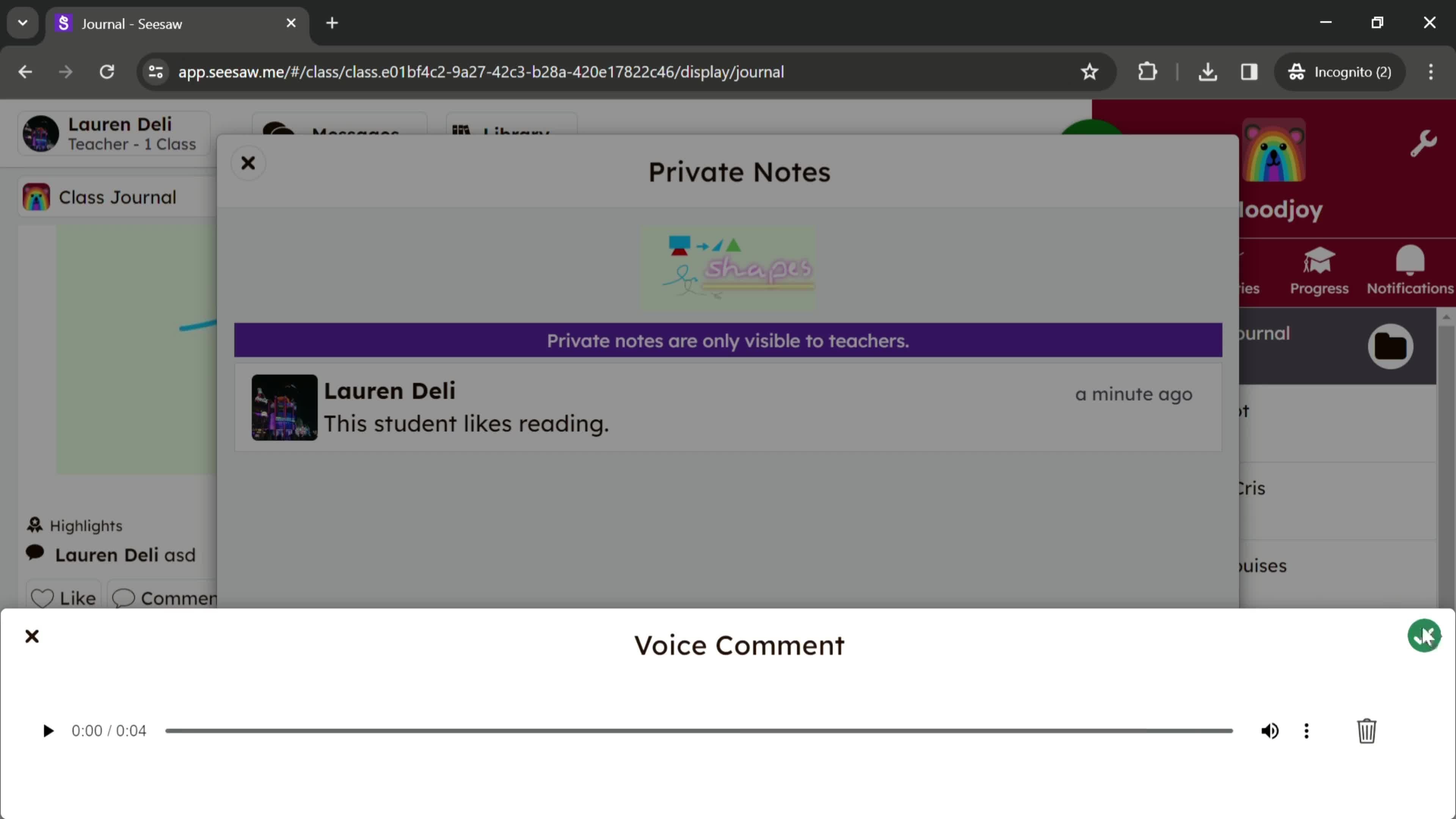 Creating a private note screenshot