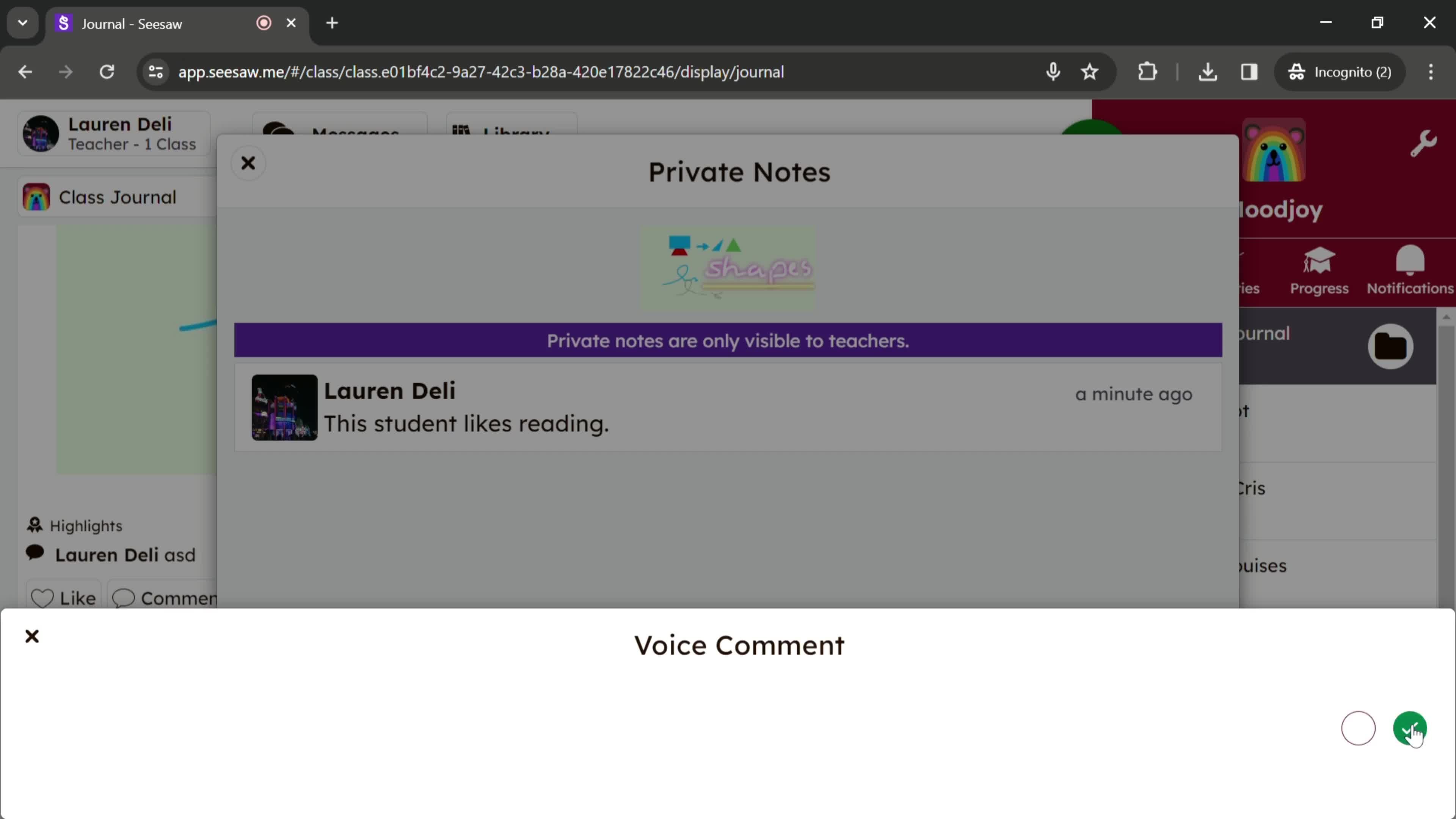 Creating a private note screenshot