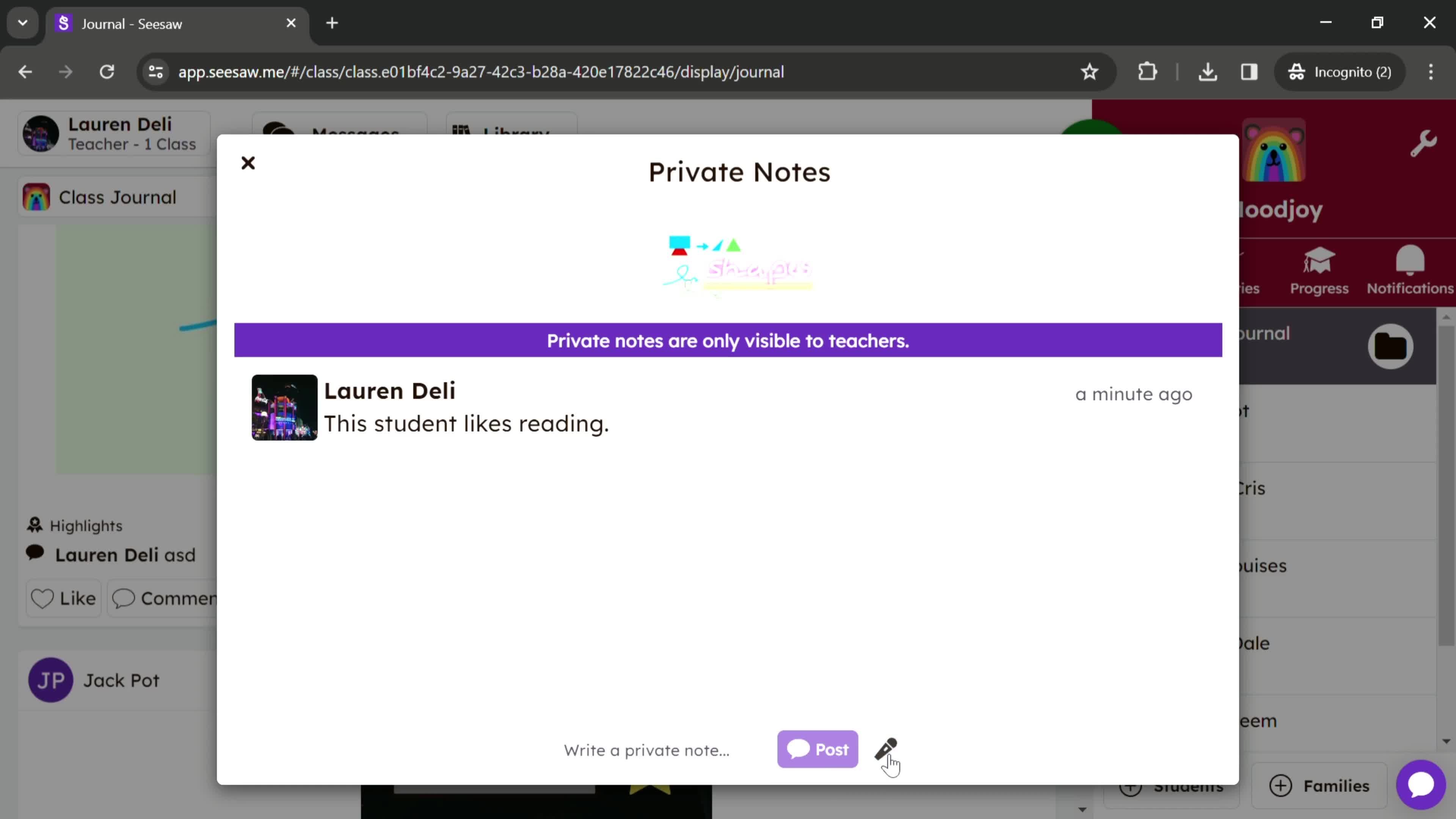 Creating a private note screenshot