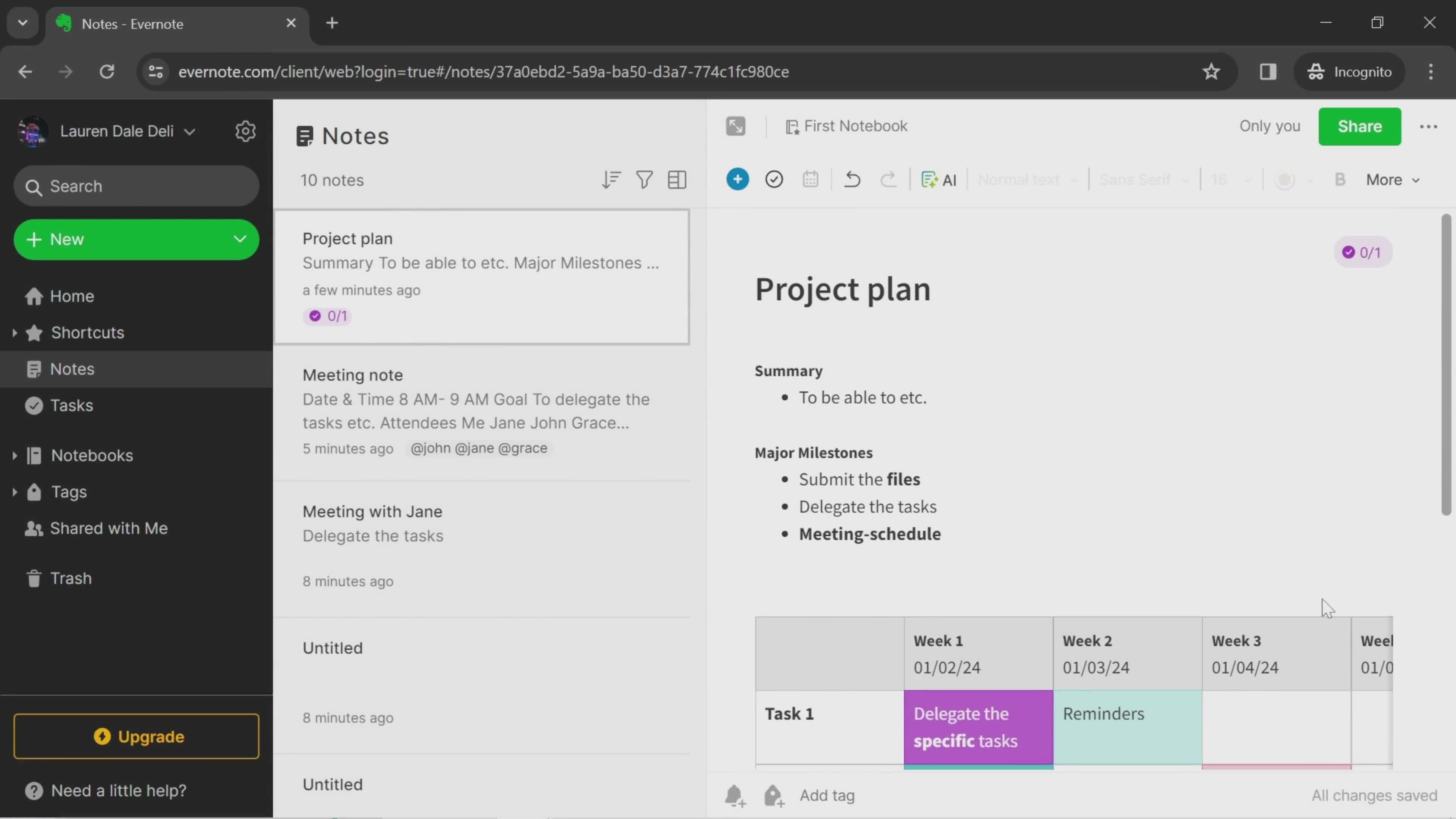 Project plan note screenshot